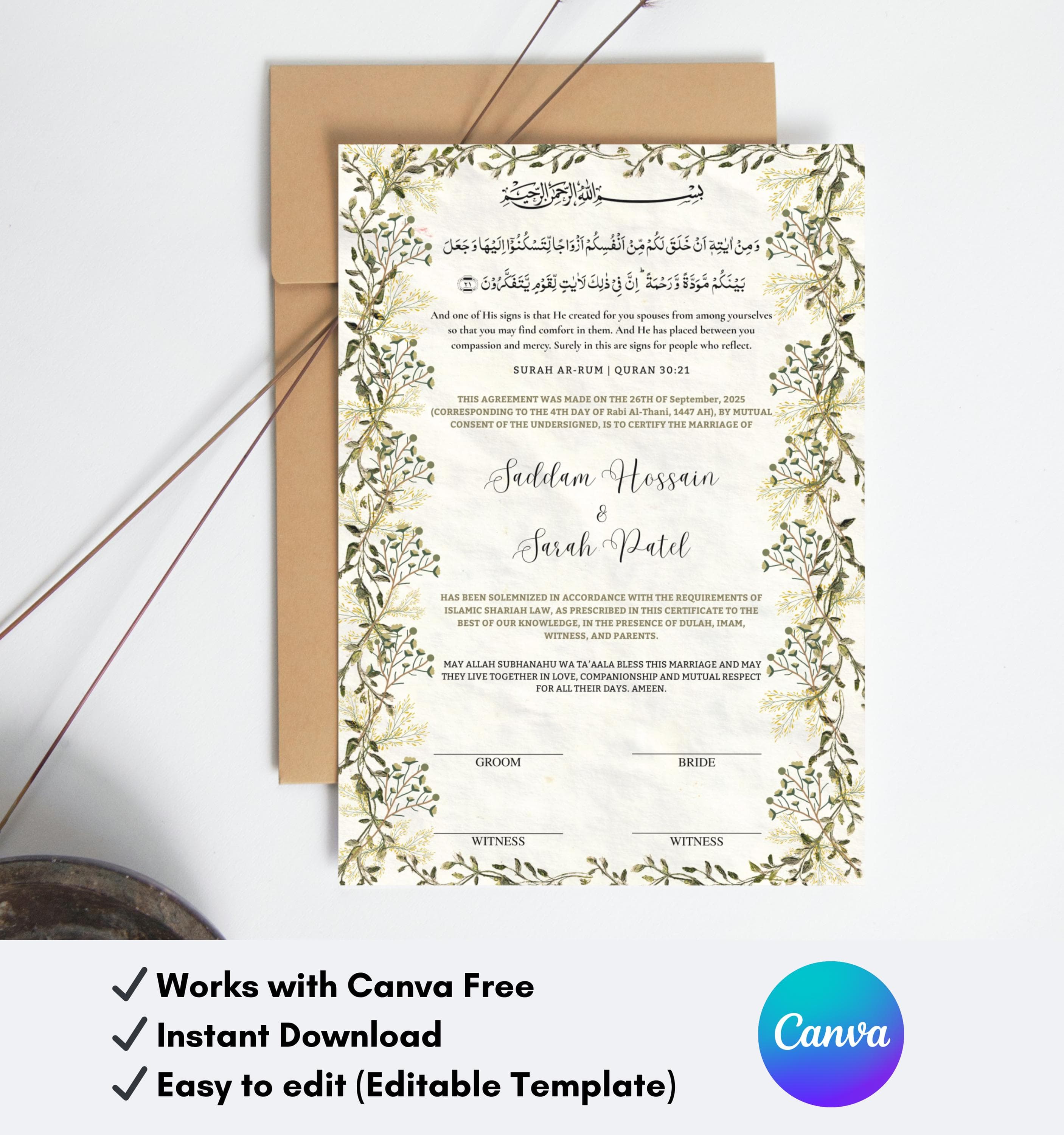 Editable Islamic Nikkah Certificate Template, Muslim Wedding Contract (A4 Digital Download) - image 3