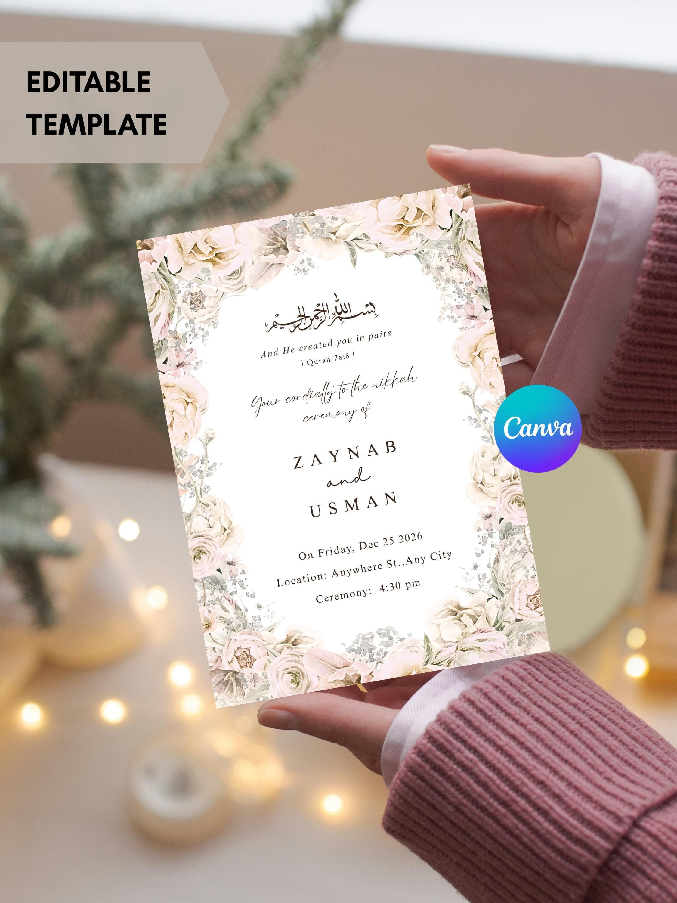 Floral Nikkah Invitation Template Canva Editable Muslim Wedding Invite Nikah Invitations Digital Marriage Invitation Card Muslim Pink Ivory - image 5