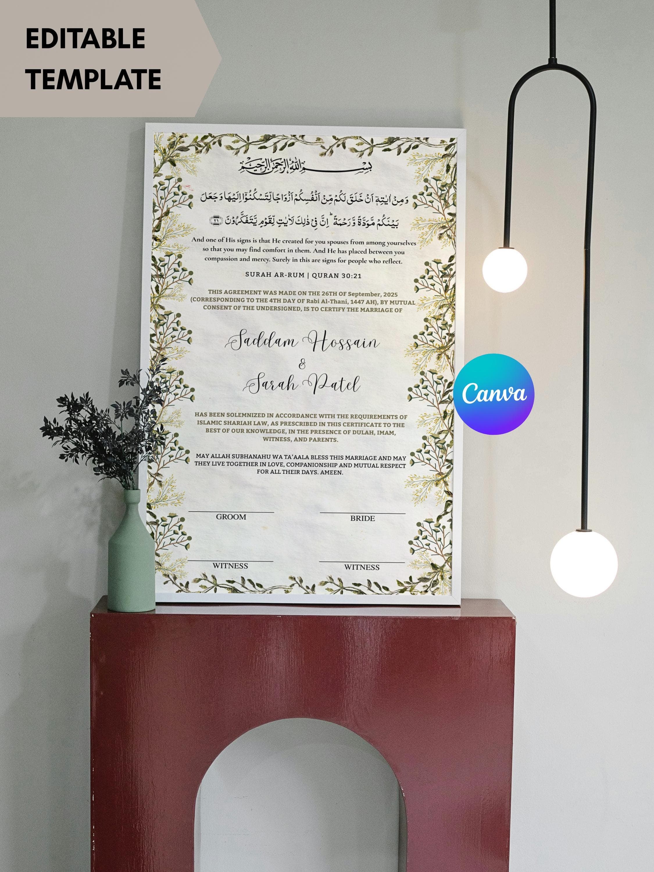 Floral Nikkah Certificate Template, Islamic Marriage Contract (A4 Digital Download Canva Editable) - image 5