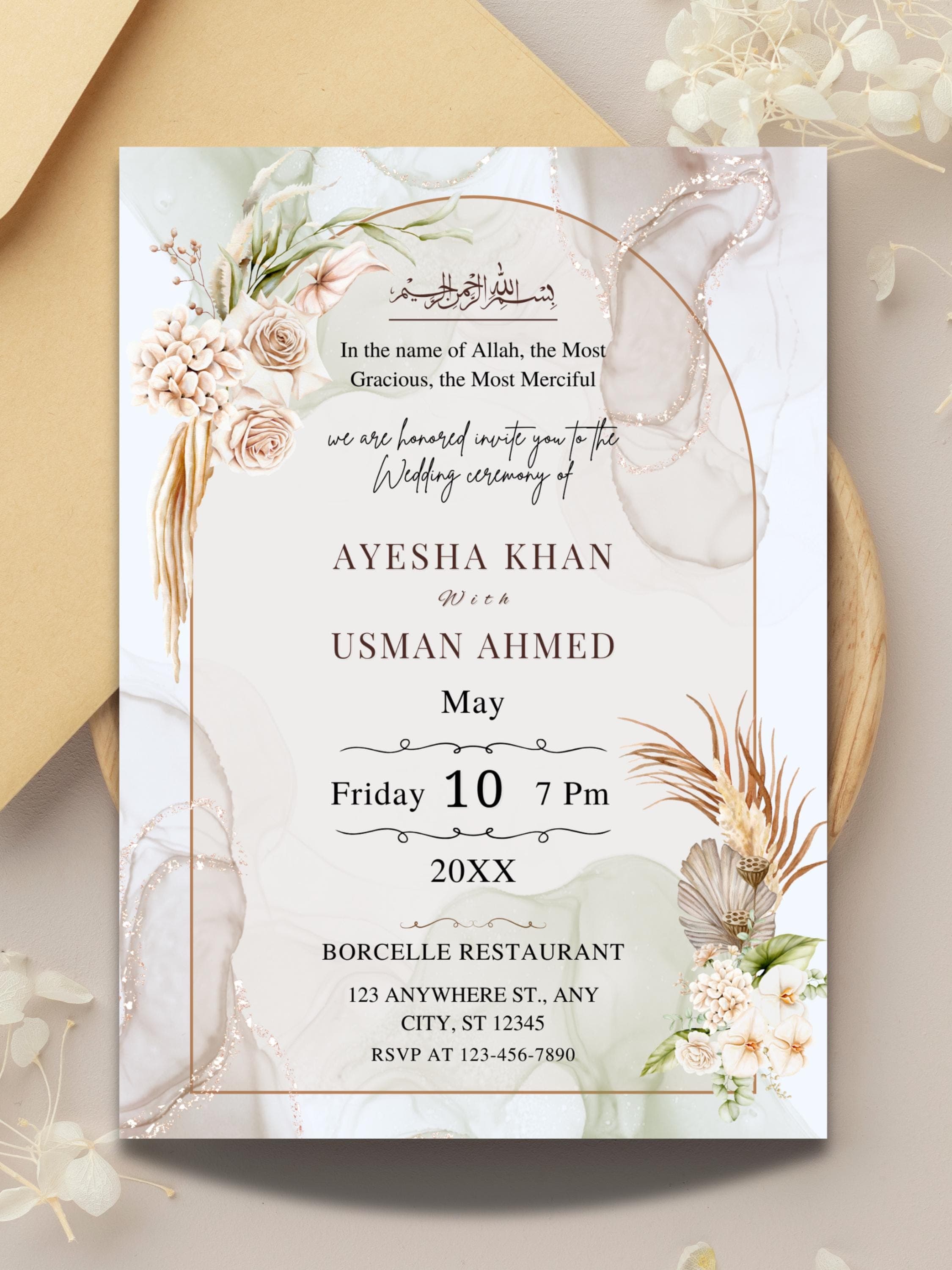 Beige and creamy floral Muslim wedding invitation template for canva, it's an editable or customizable wedding invite template for Muslim wedding, Islamic nikkah invitation.
