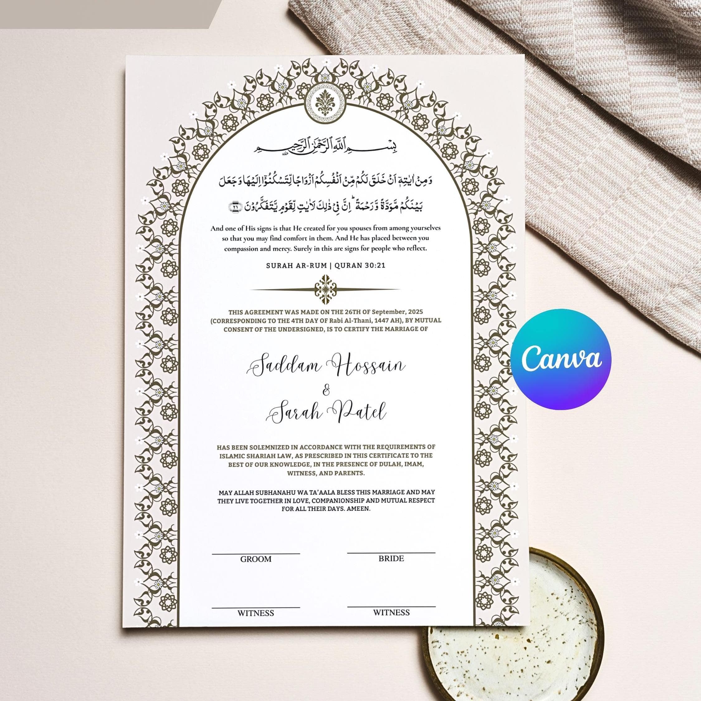 Islamic Marriage Contract A4, Editable Nikkah Certificate Template (Digital Download)