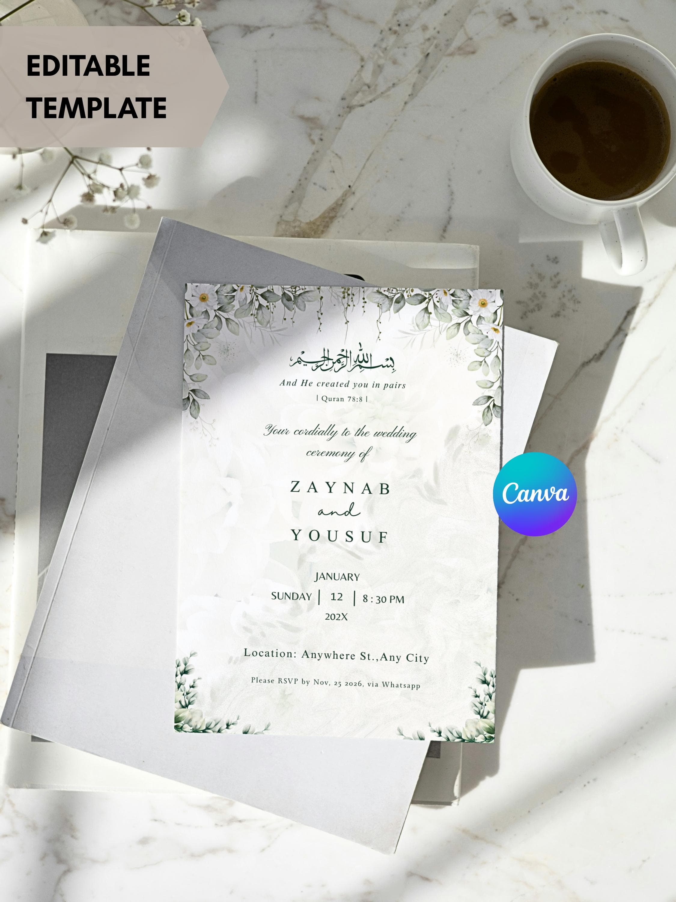 Muslim Wedding Invitation Template Nikkah Invitaion Islamic Marriage Card Shaadi Invite Barat Invitation Floral Muslim Nikah Invite Digital - image 4