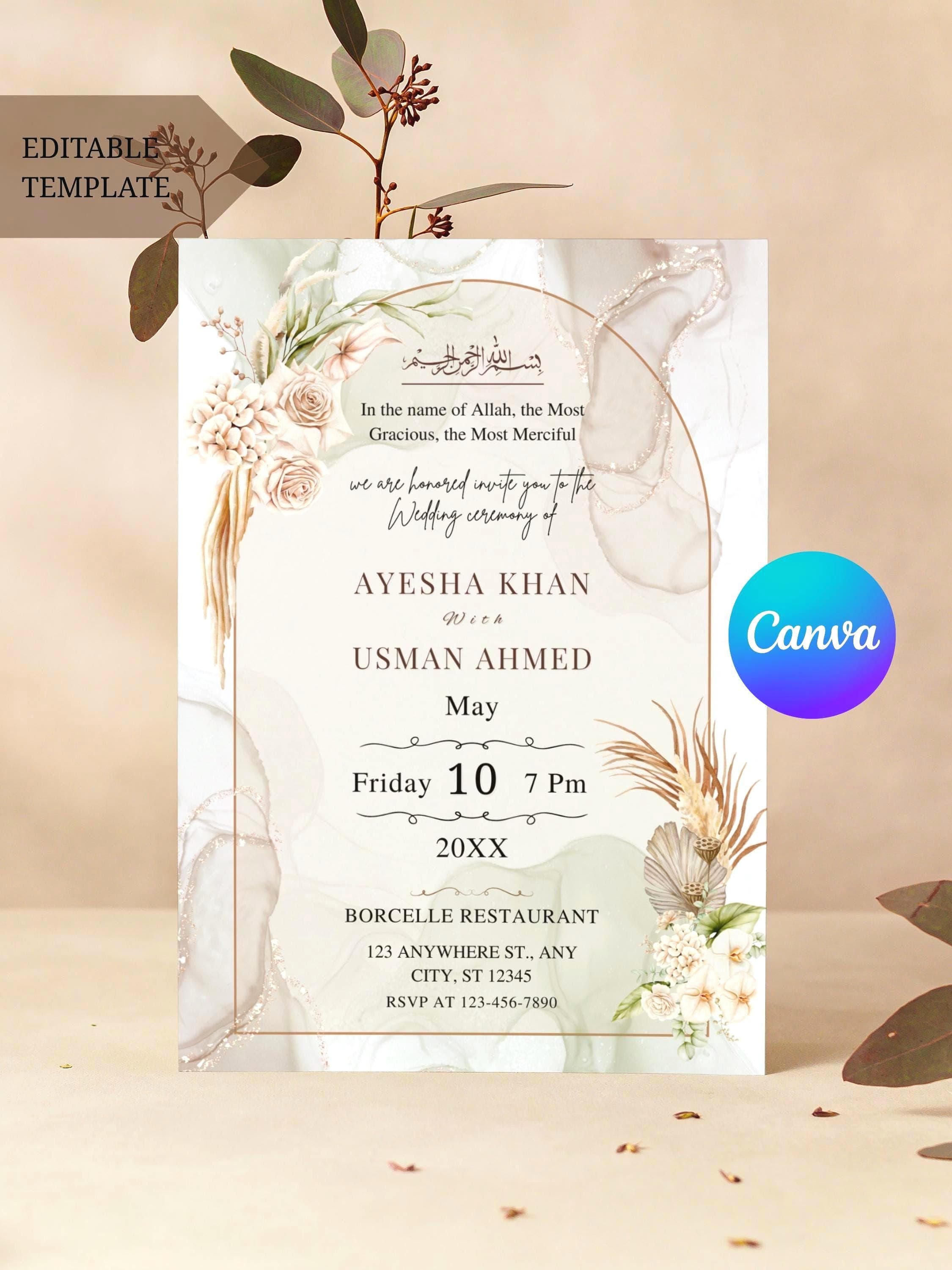 Beige and creamy floral Muslim wedding invitation template for canva, it's an editable or customizable wedding invite template for Muslim wedding, Islamic nikkah invitation.