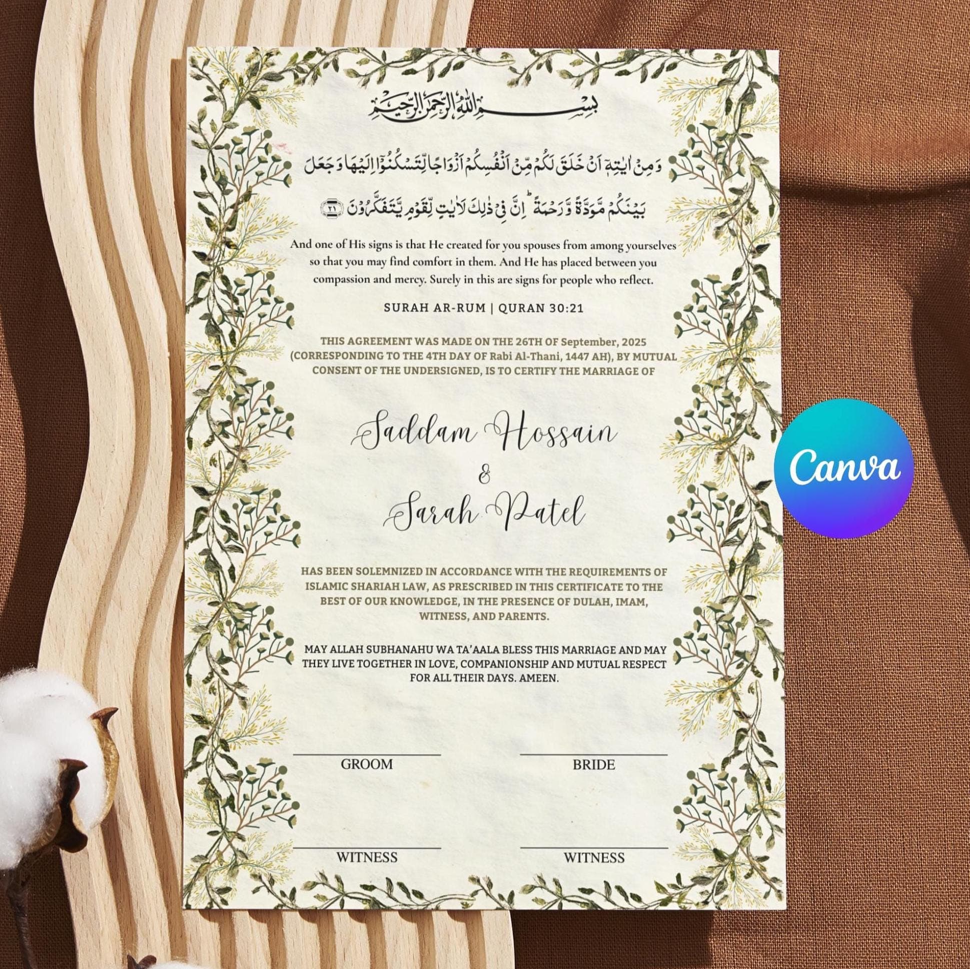 Floral Nikkah Certificate Template, Islamic Marriage Contract (A4 Digital Download Canva Editable) - image 4