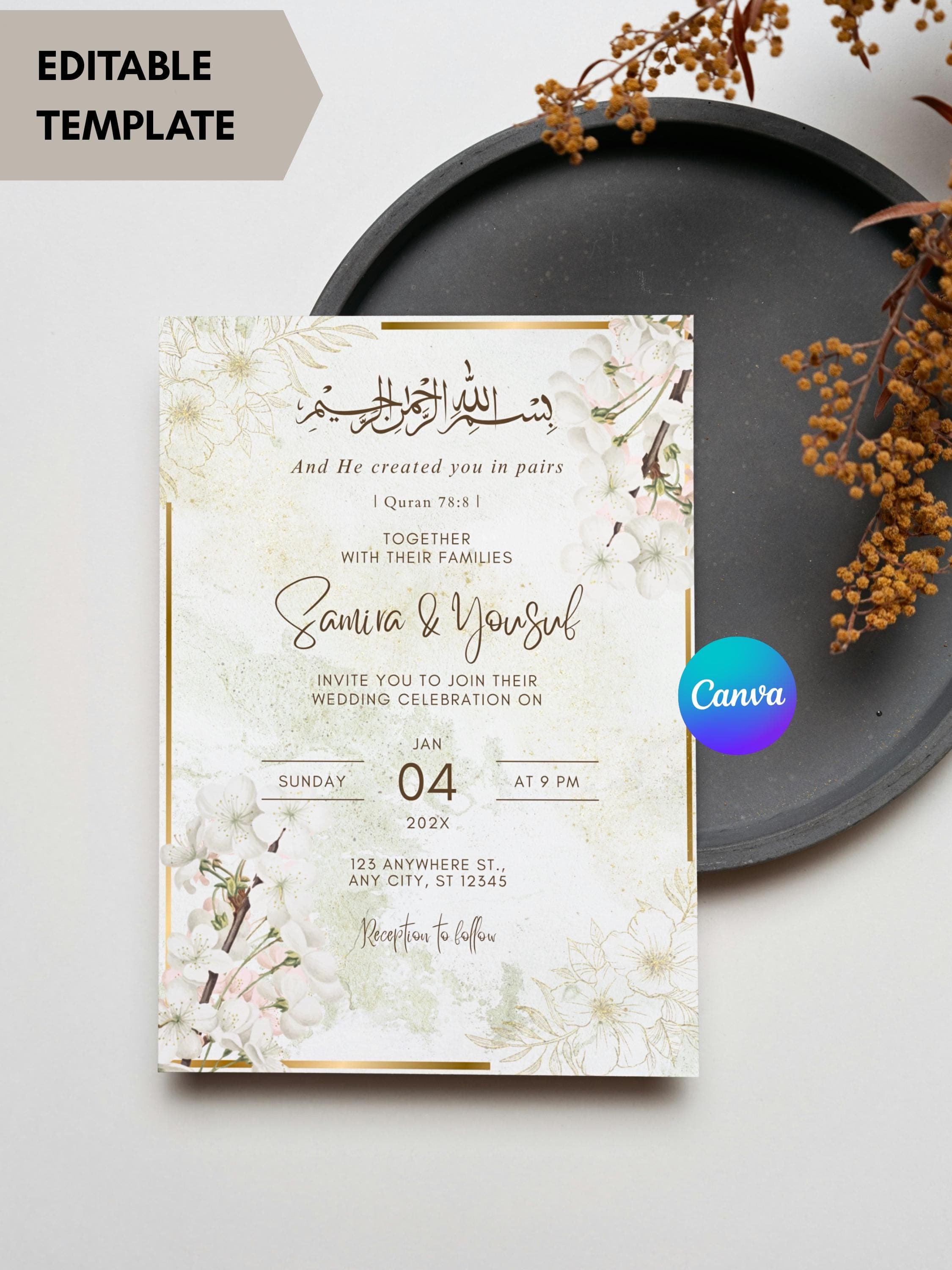Muslim Wedding Invitation Canva Template, Cream Gold Floral Nikkah Card (Digital Download) - image 3