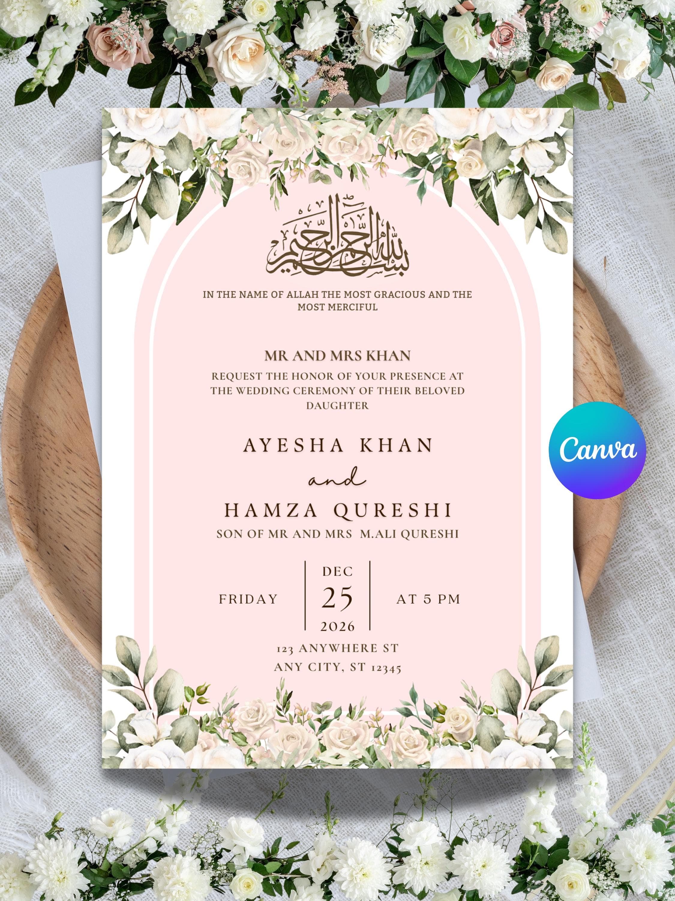 Floral Muslim Wedding Invitation Walima Invitation Card Islamic Wedding Card Nikkah Invitation Digital Valima Invitation Nikkah invite