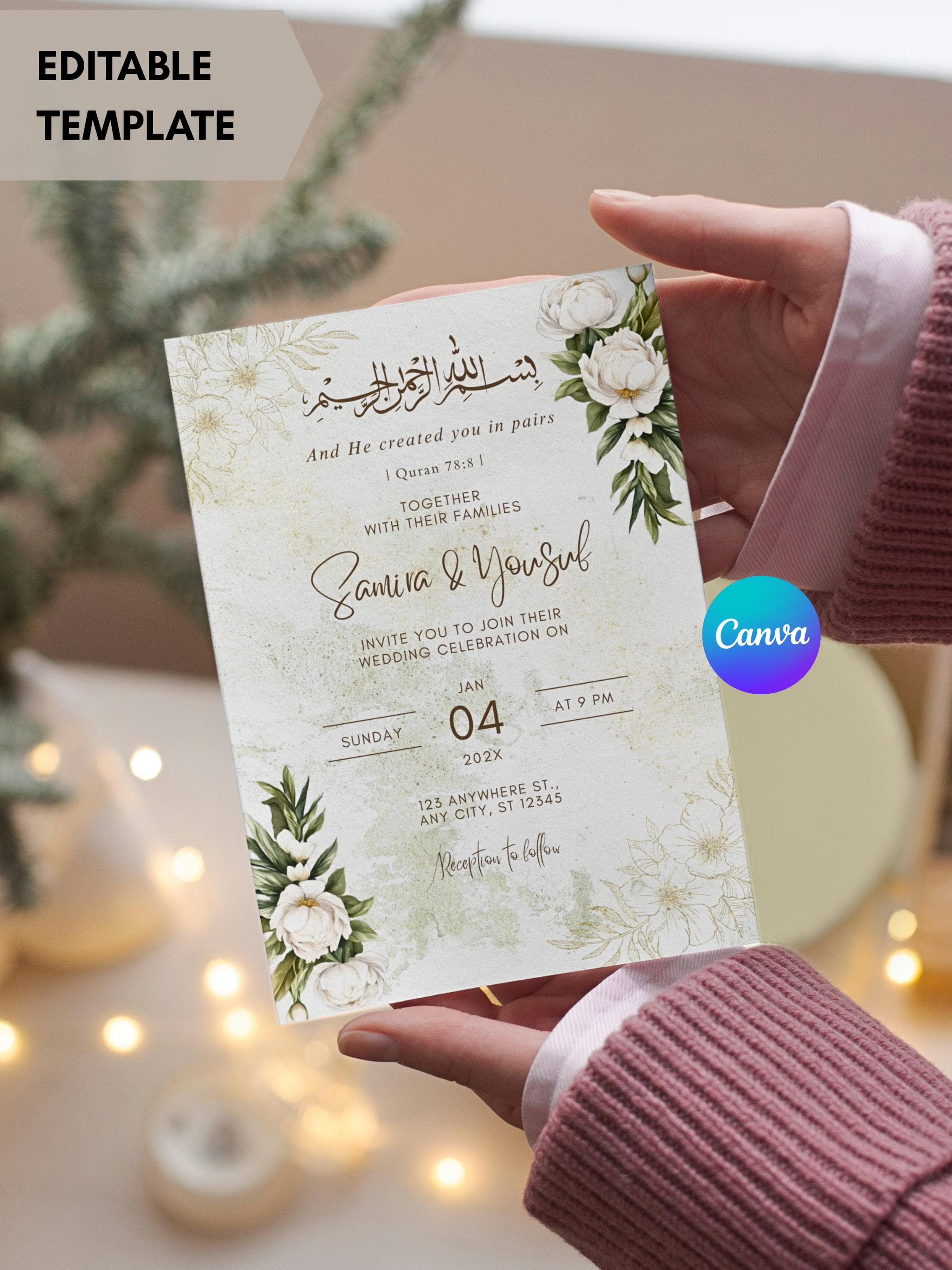 Pakistani Wedding Invitation, Cream Gold Floral Nikkah Walima Template (Digital Download) - image 4