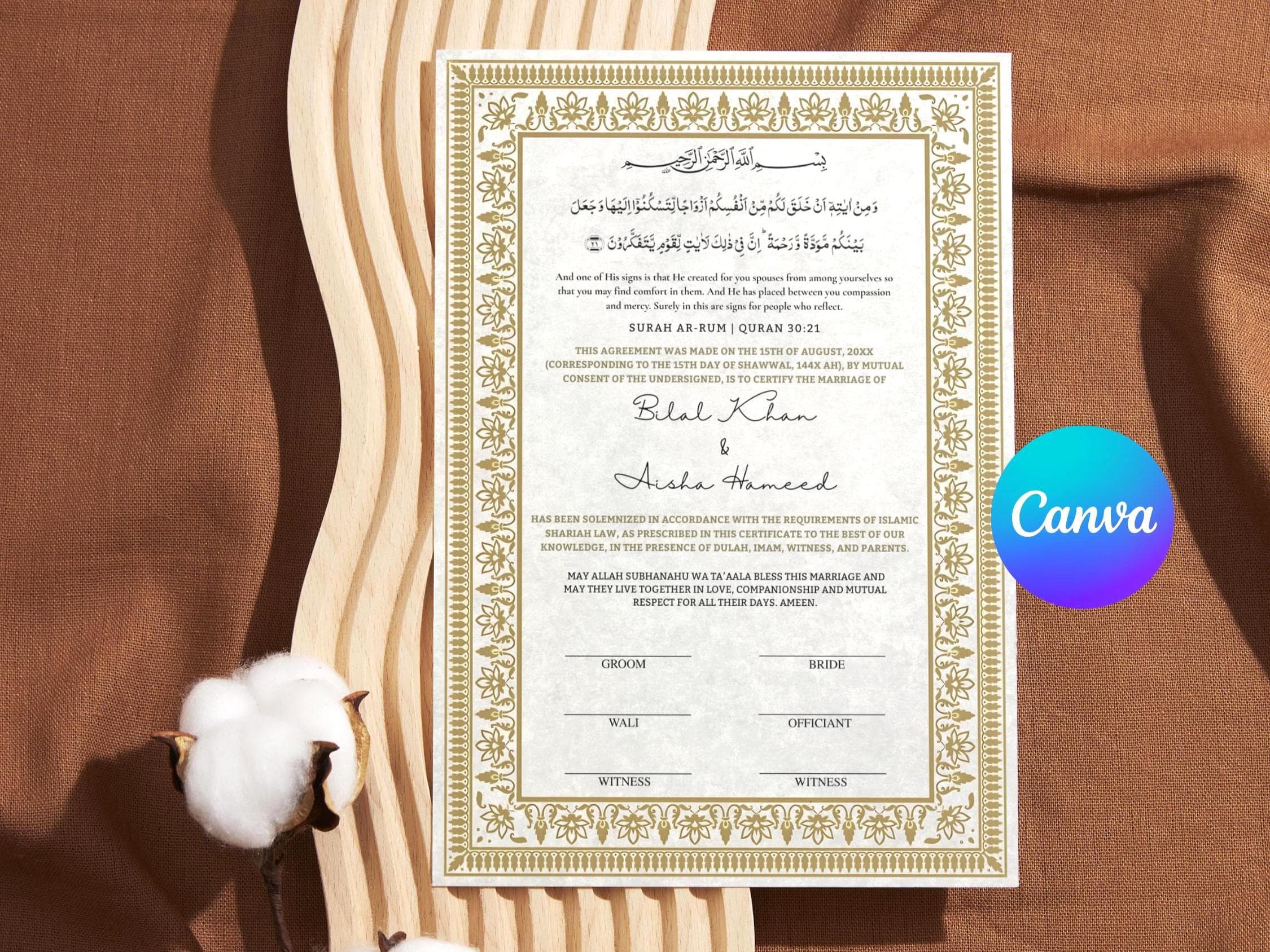 Editable Nikkah Certificate Canva Template, Islamic Marriage Contract (Digital Download)
