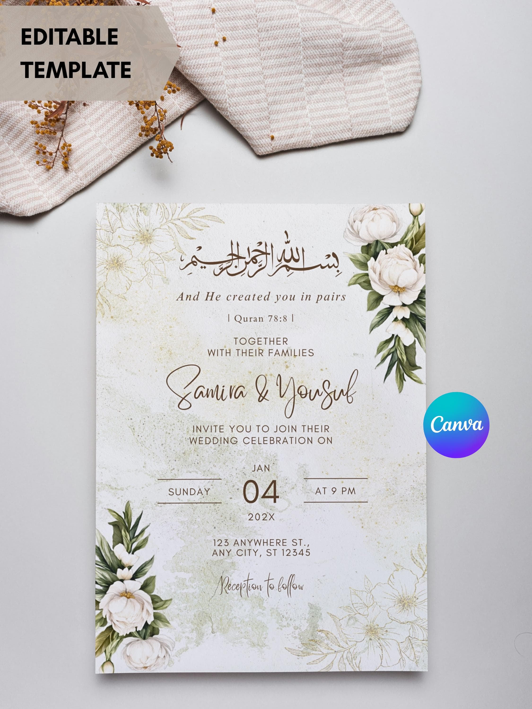 Pakistani Wedding Invitation, Cream Gold Floral Nikkah Walima Template (Digital Download) - image 5