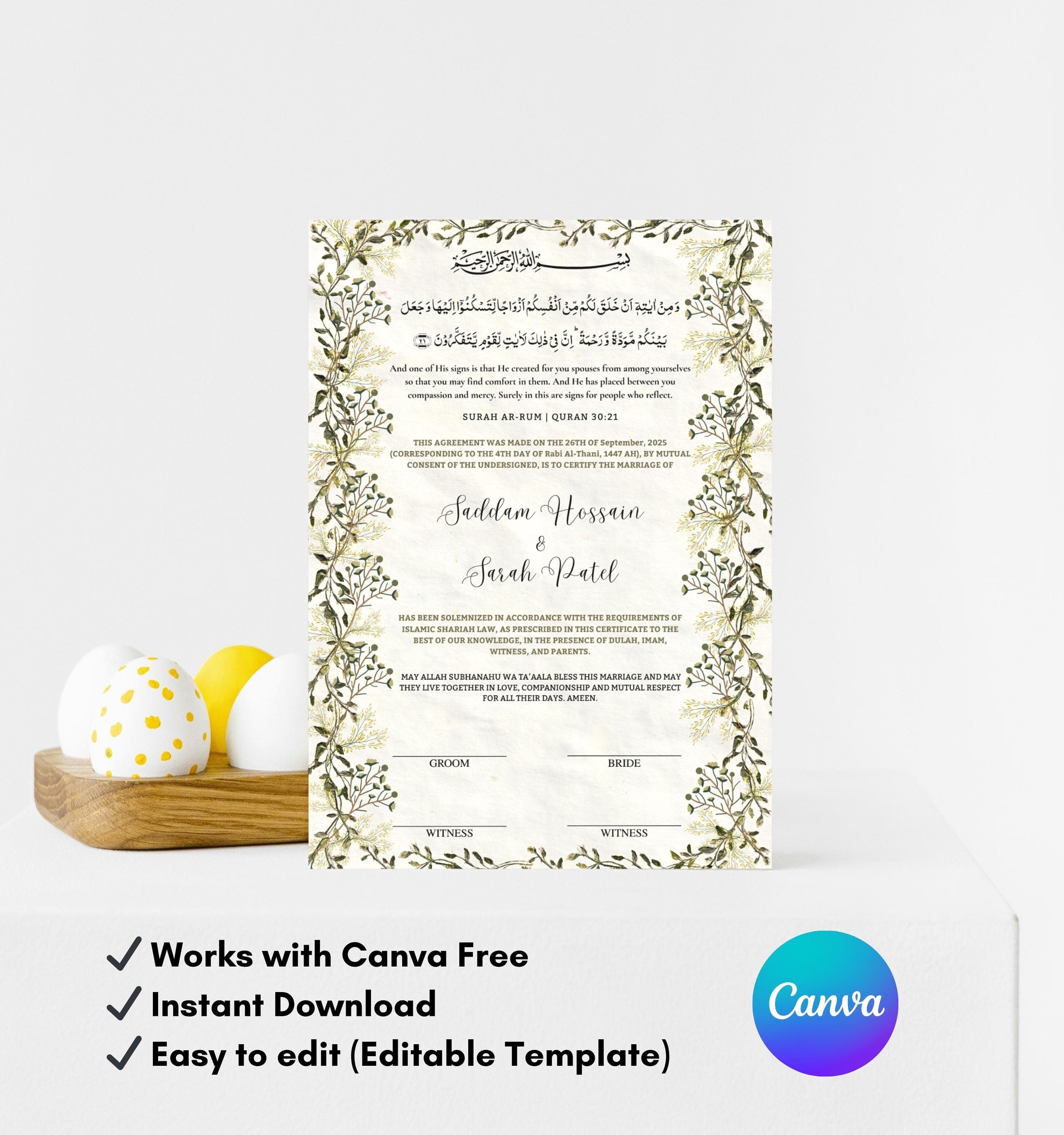Editable Islamic Nikkah Certificate Template, Muslim Wedding Contract (A4 Digital Download)