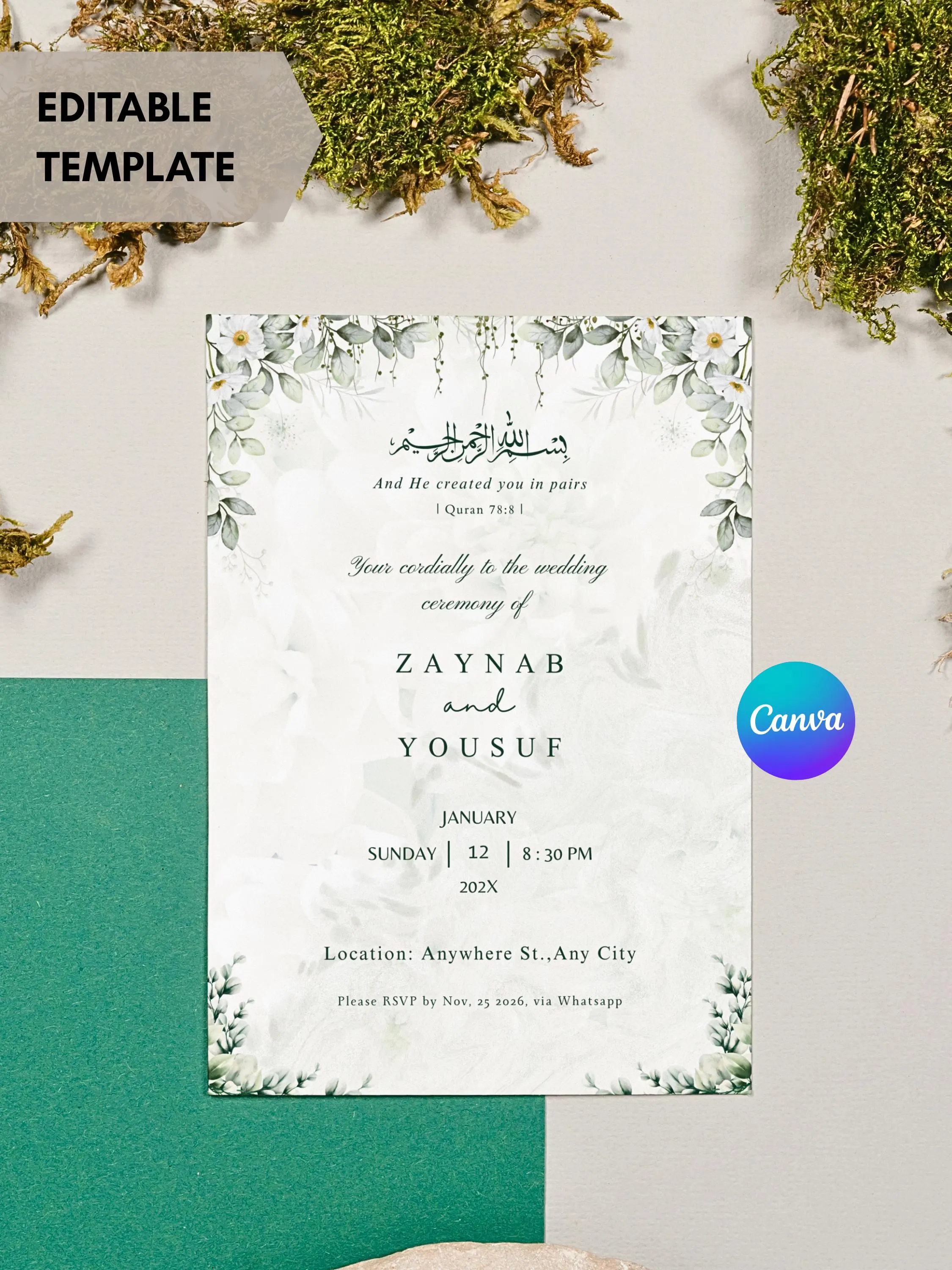 Muslim Wedding Invitation Template Nikkah Invitaion Islamic Marriage Card Shaadi Invite Barat Invitation Floral Muslim Nikah Invite Digital - image 5