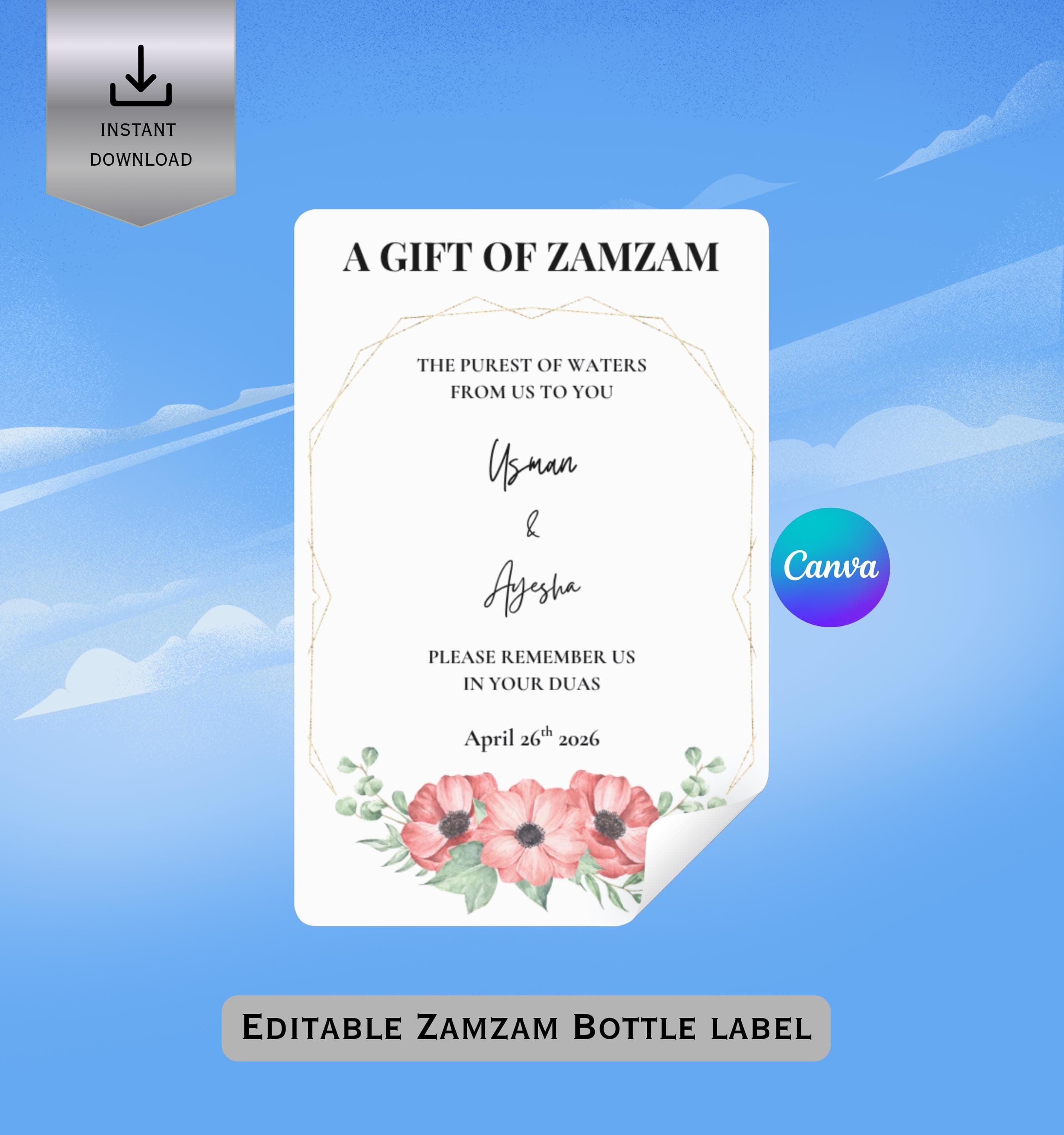 Editable Zamzam Bottle Label, Islamic Hajj Umrah Gift, Canva Template (Digital Download)