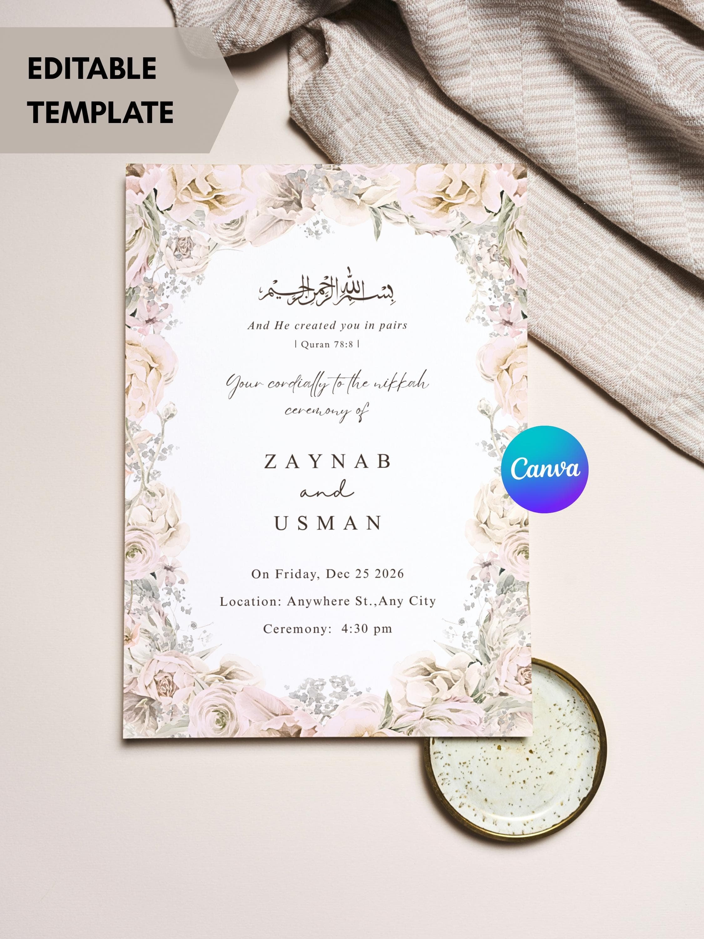 Editable Floral Islamic Nikkah Invitation Template featuring a soft floral design, Muslim Wedding Invite, Printable Canva Nikkah Card, Editable Muslim Floral Nikkah Invitation Template, Islamic Wedding Invite, Printable Canva Nikah Card.