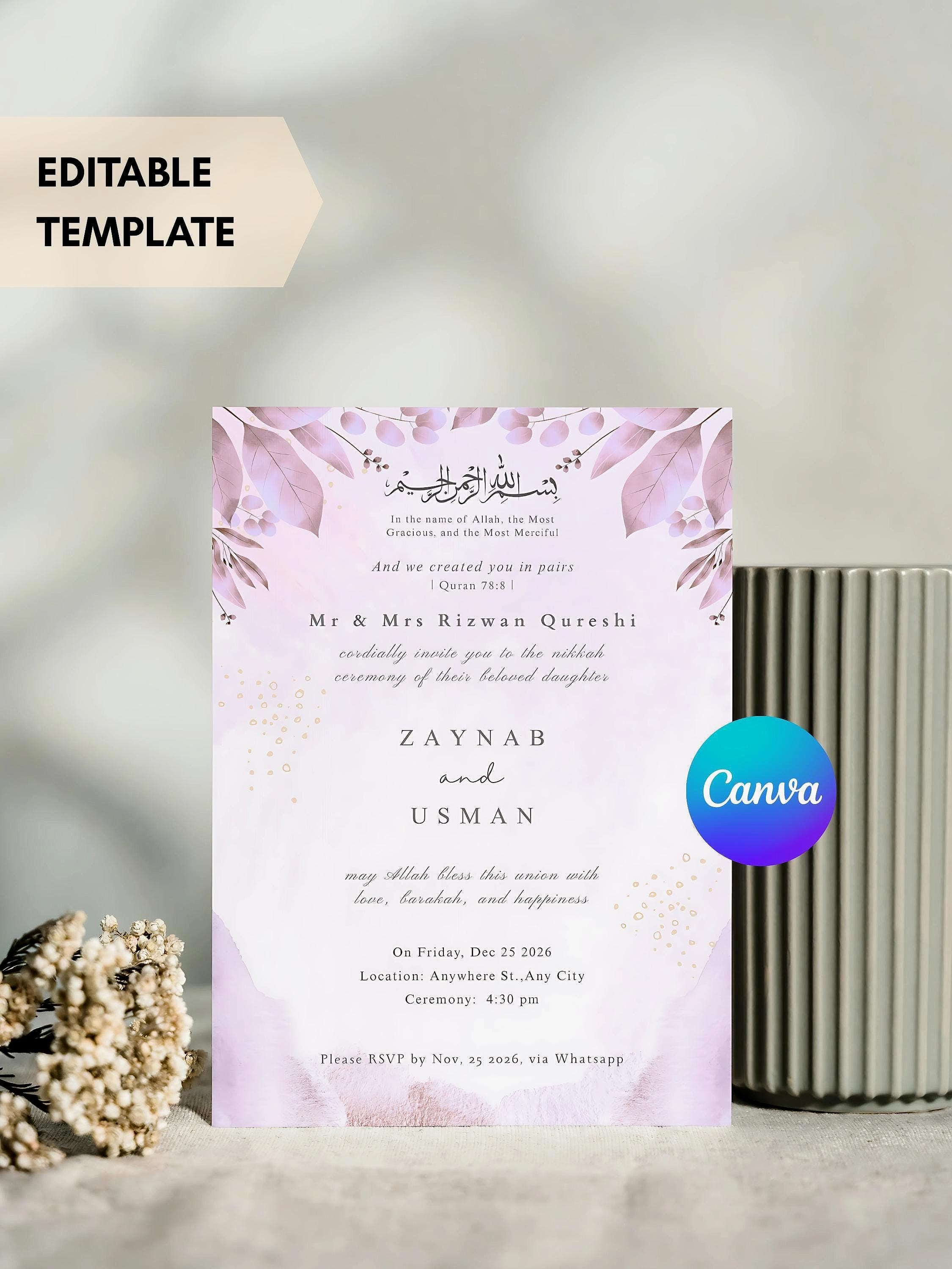 Purple Floral Nikkah Invitation, Islamic Wedding Card (Digital Download) - image 3