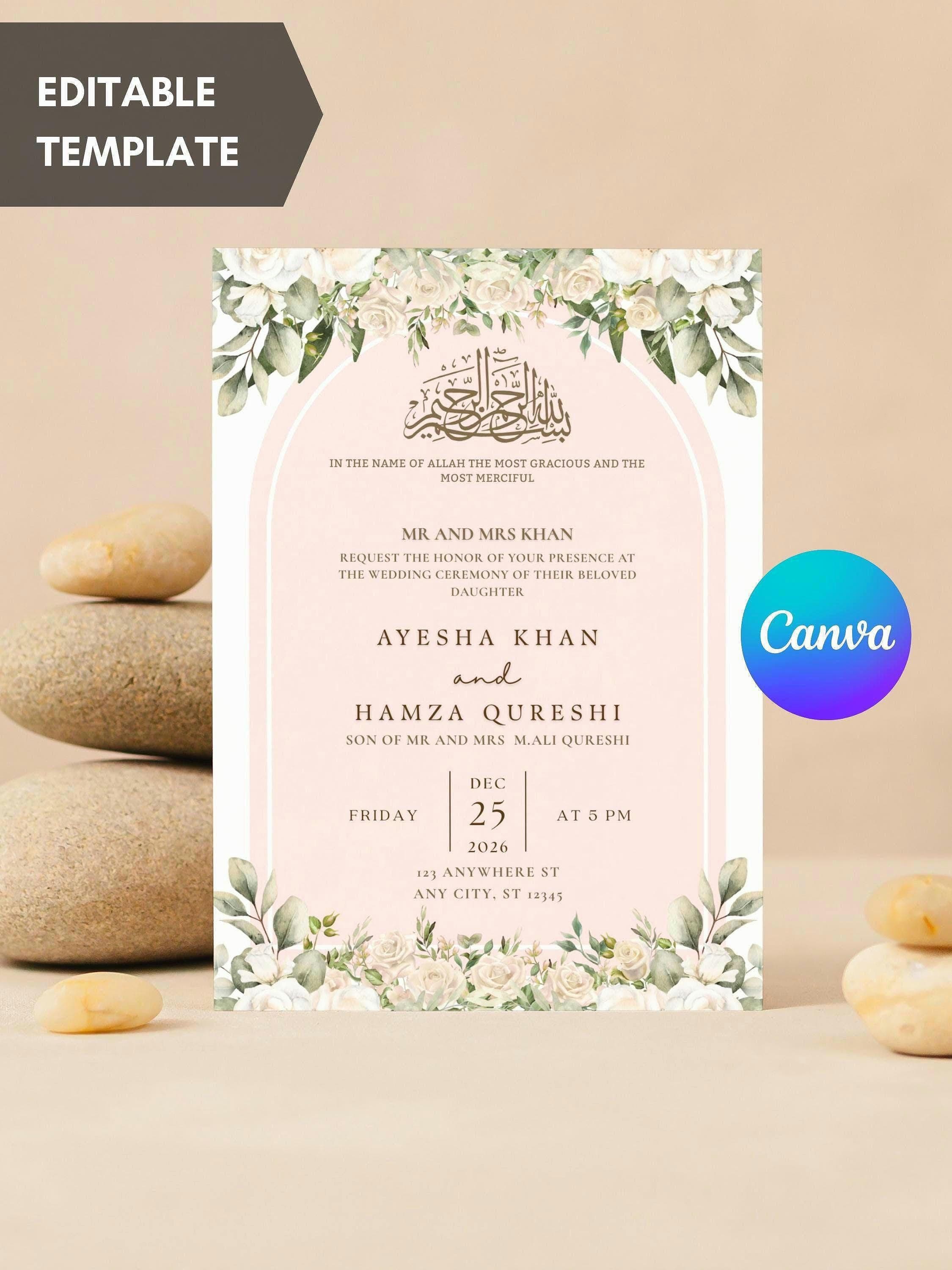 Creamy floral Muslim wedding invitation template for canva, it's and editable or customizable Islamic Wedding invitation Digital template it's a digital download invitation.