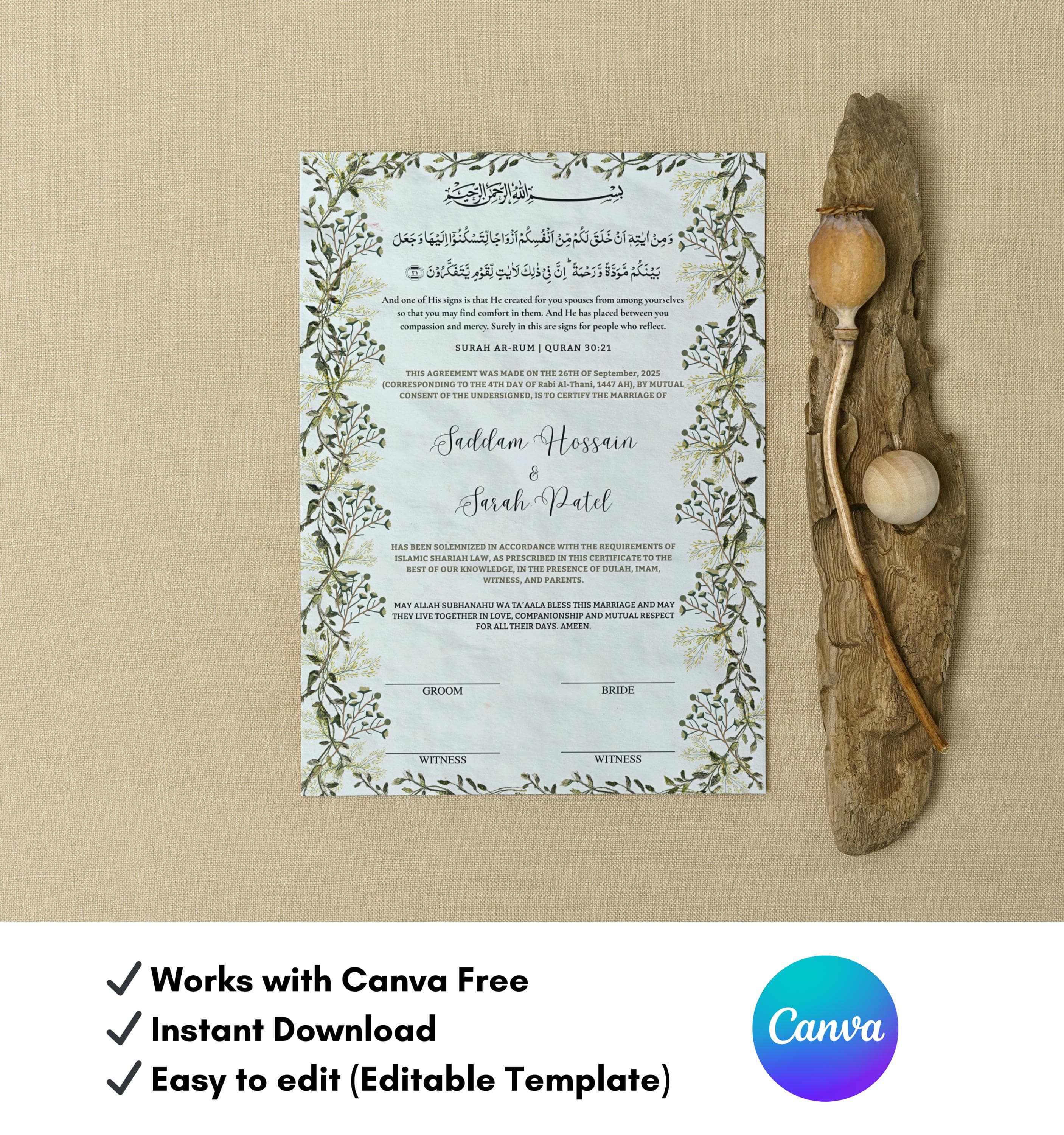 Editable Islamic Nikkah Certificate Template, Muslim Wedding Contract (A4 Digital Download) - image 5