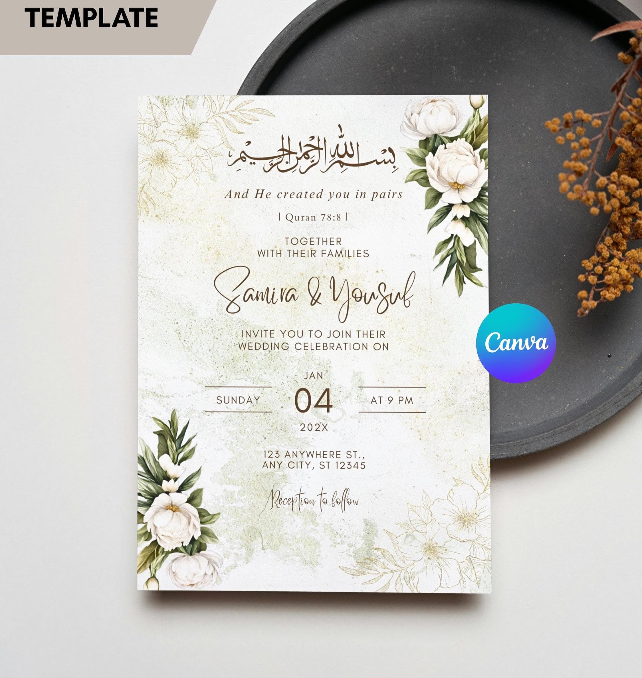 Pakistani Wedding Invitation, Cream Gold Floral Nikkah Walima Template (Digital Download)