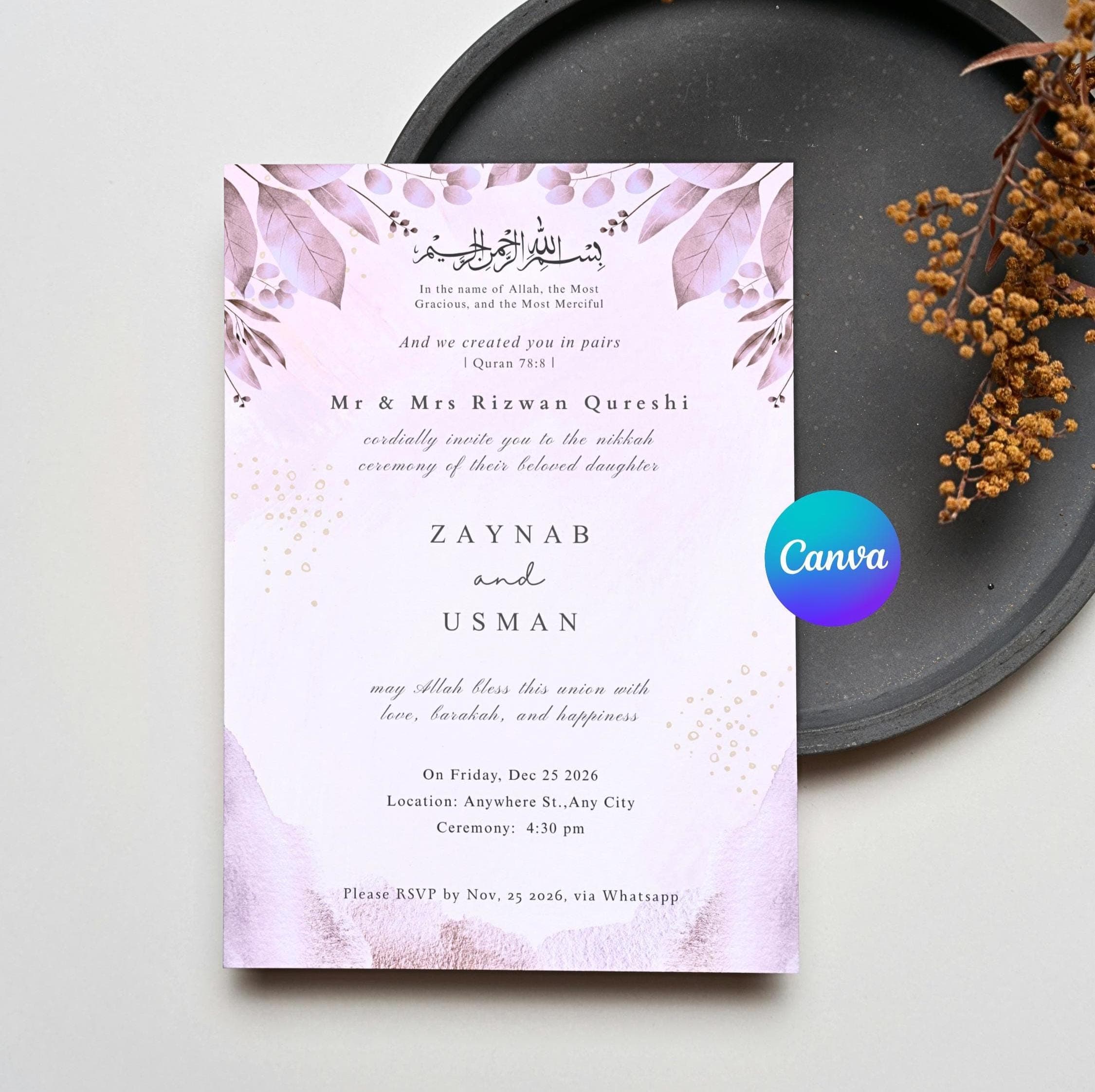 Purple Floral Nikkah Invitation, Islamic Wedding Card (Digital Download)