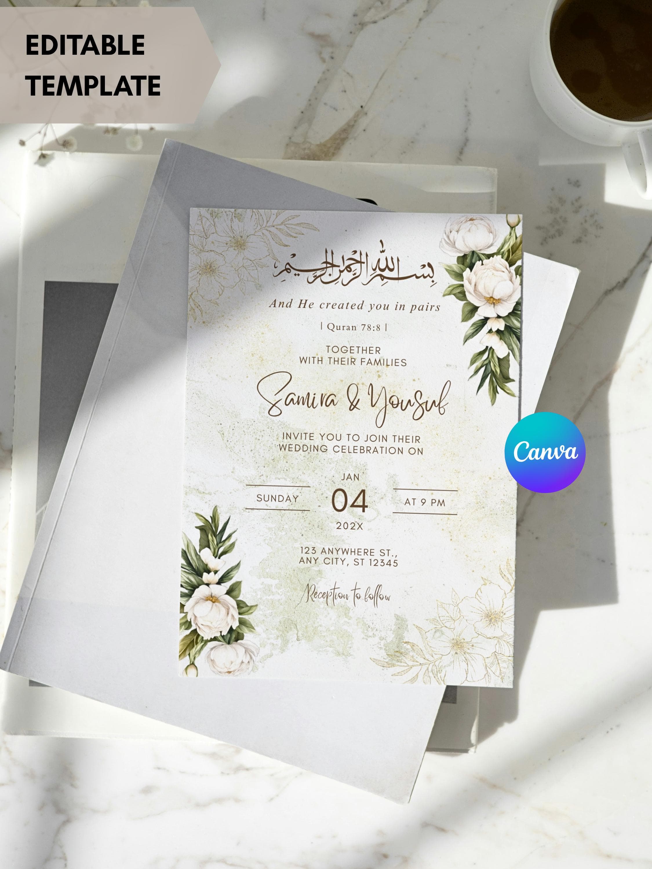 Pakistani Wedding Invitation, Cream Gold Floral Nikkah Walima Template (Digital Download) - image 3
