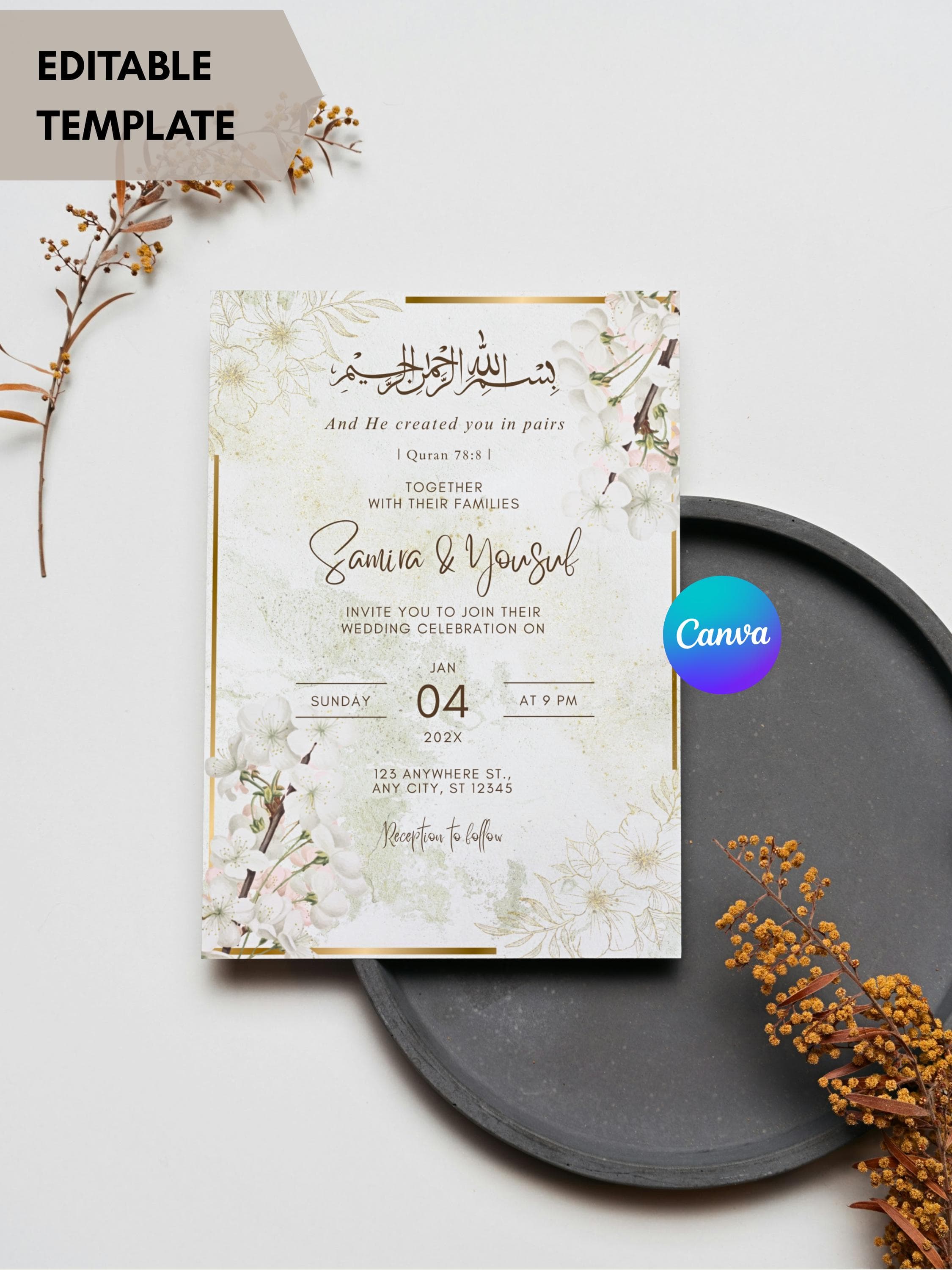 Muslim Wedding Invitation Canva Template, Cream Gold Floral Nikkah Card (Digital Download) - image 5