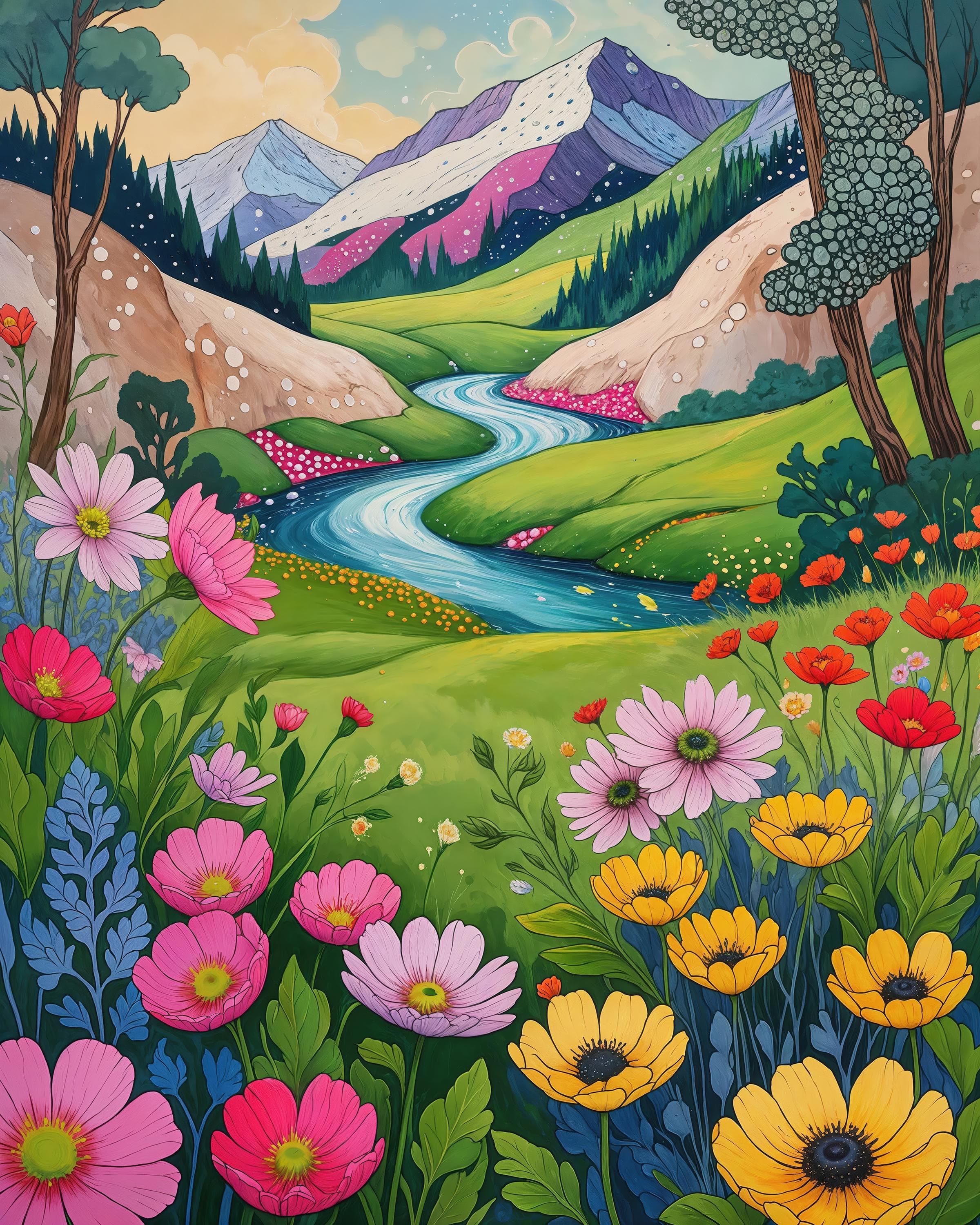 Whimsical Alpine Meadow Print – Mountain River & Wildflower Landscape Illustration Poster | Instant printable