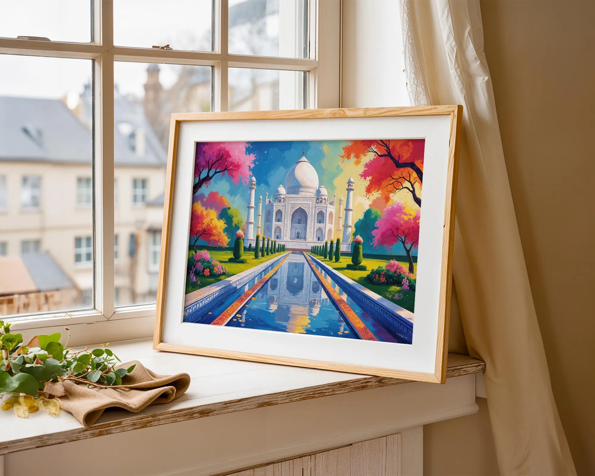 Vibrant White Taj Mahal Garden Landscape Poster