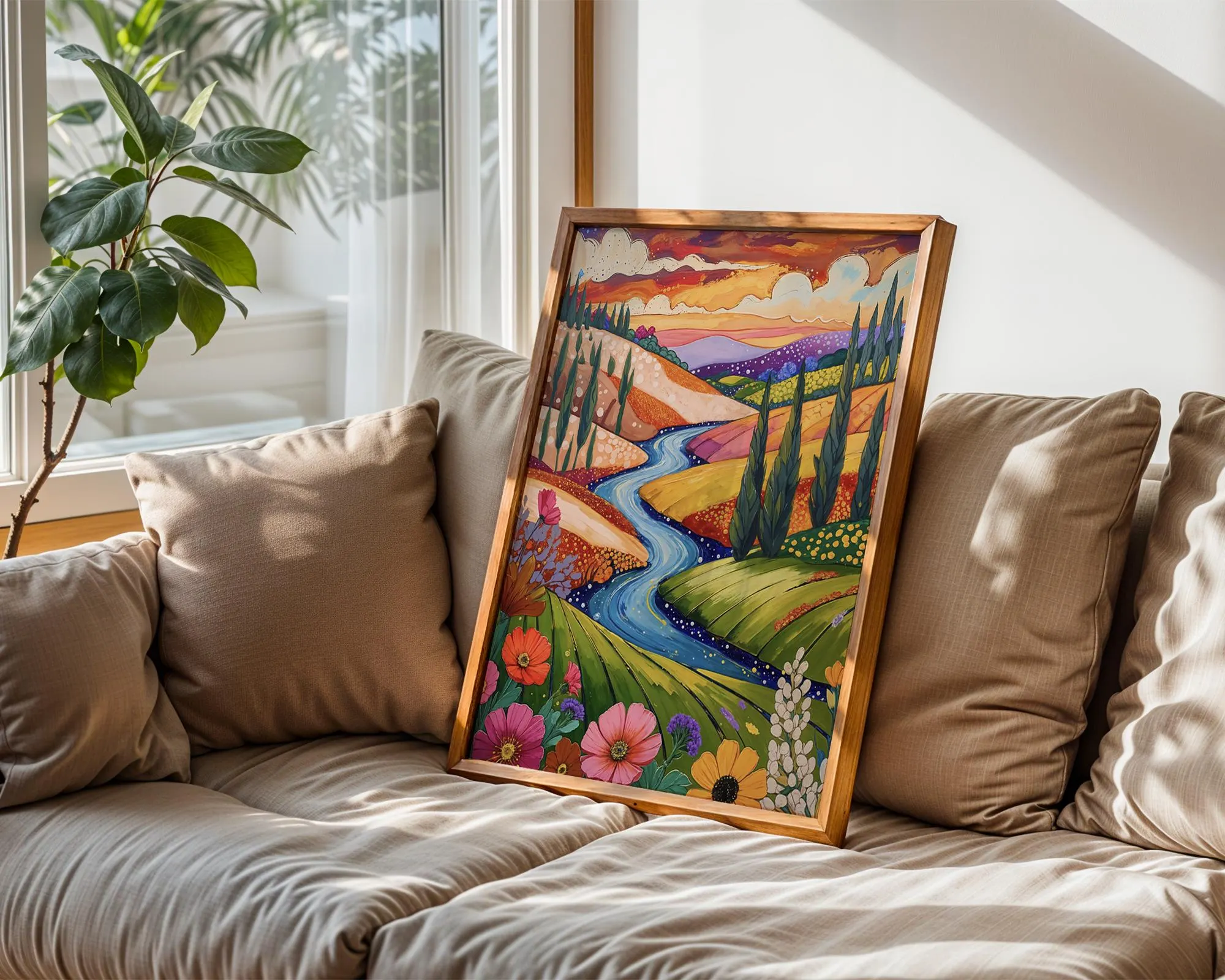 Tuscan Print – Whimsical Vineyard Hills & Floral River Art Illustration Poster | Instant printable