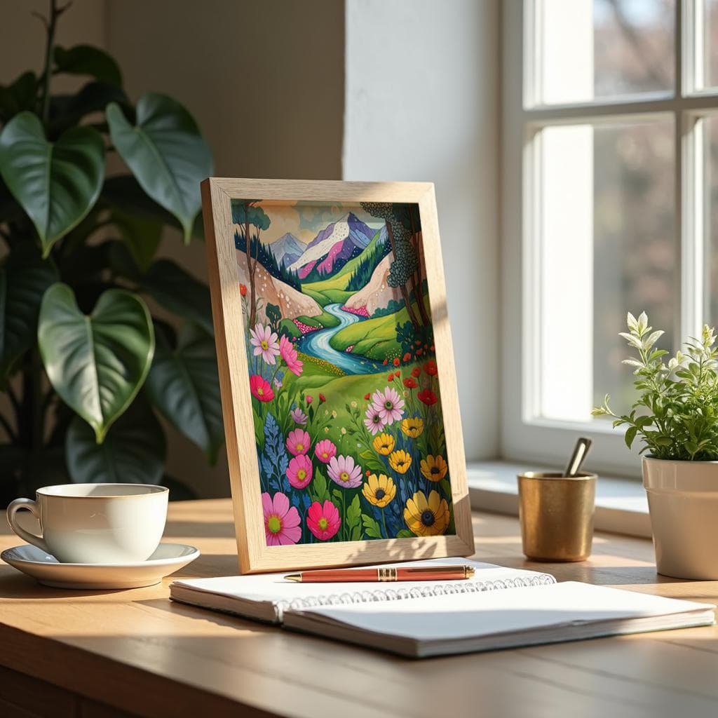 Whimsical Alpine Meadow Print – Mountain River & Wildflower Landscape Illustration Poster | Instant printable