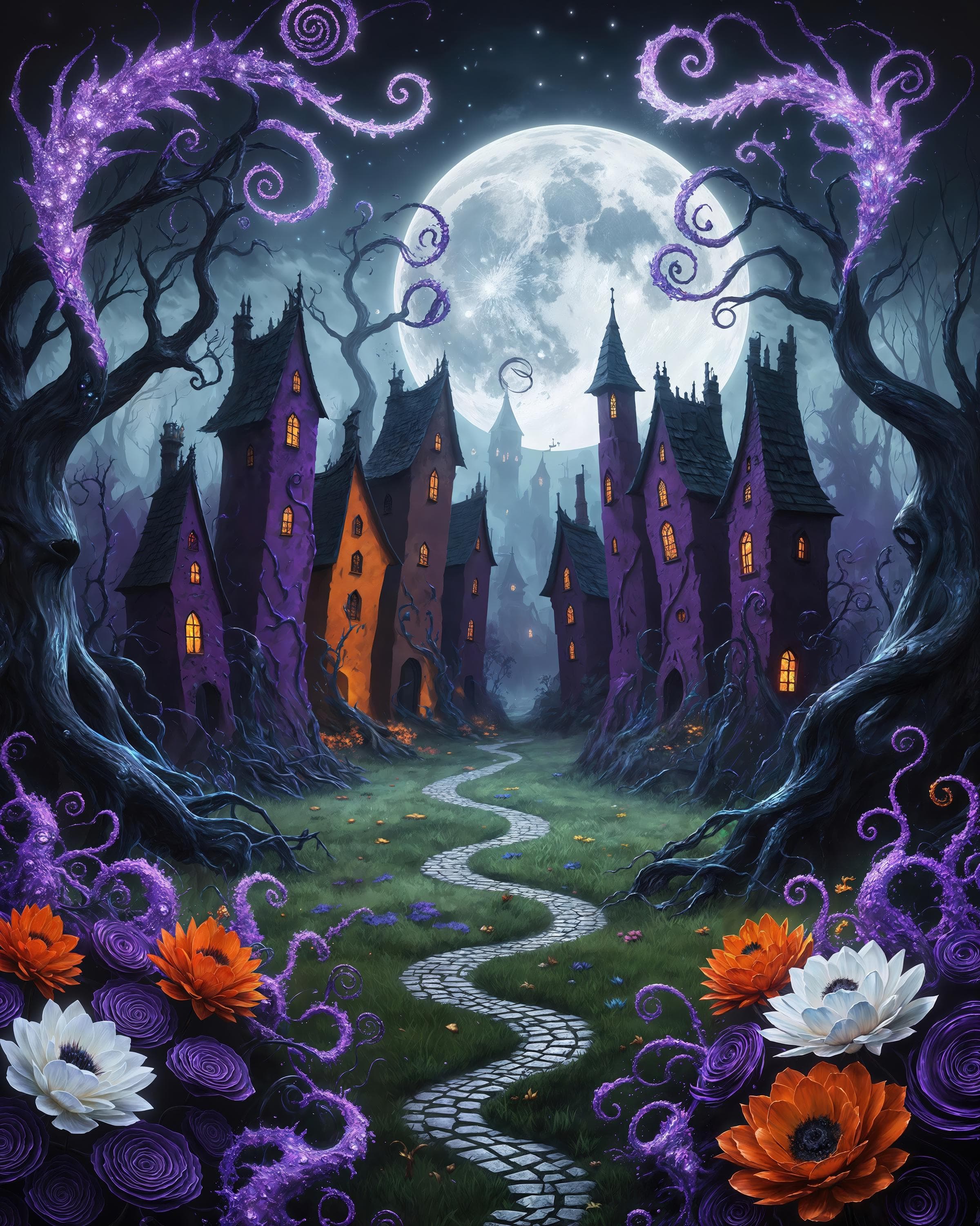 Haunted Tim Burton Village Art Print: Halloween Decor (Digital Printable)