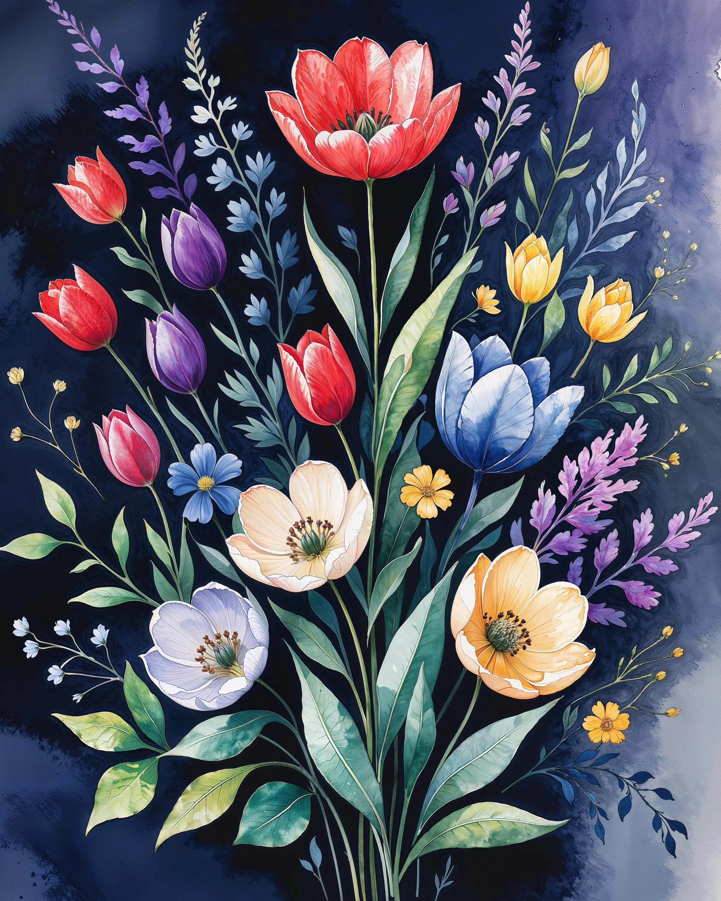 Jewel-Toned Flower Garden Watercolor Print: Vintage Modern Home Decor (Digital Download)