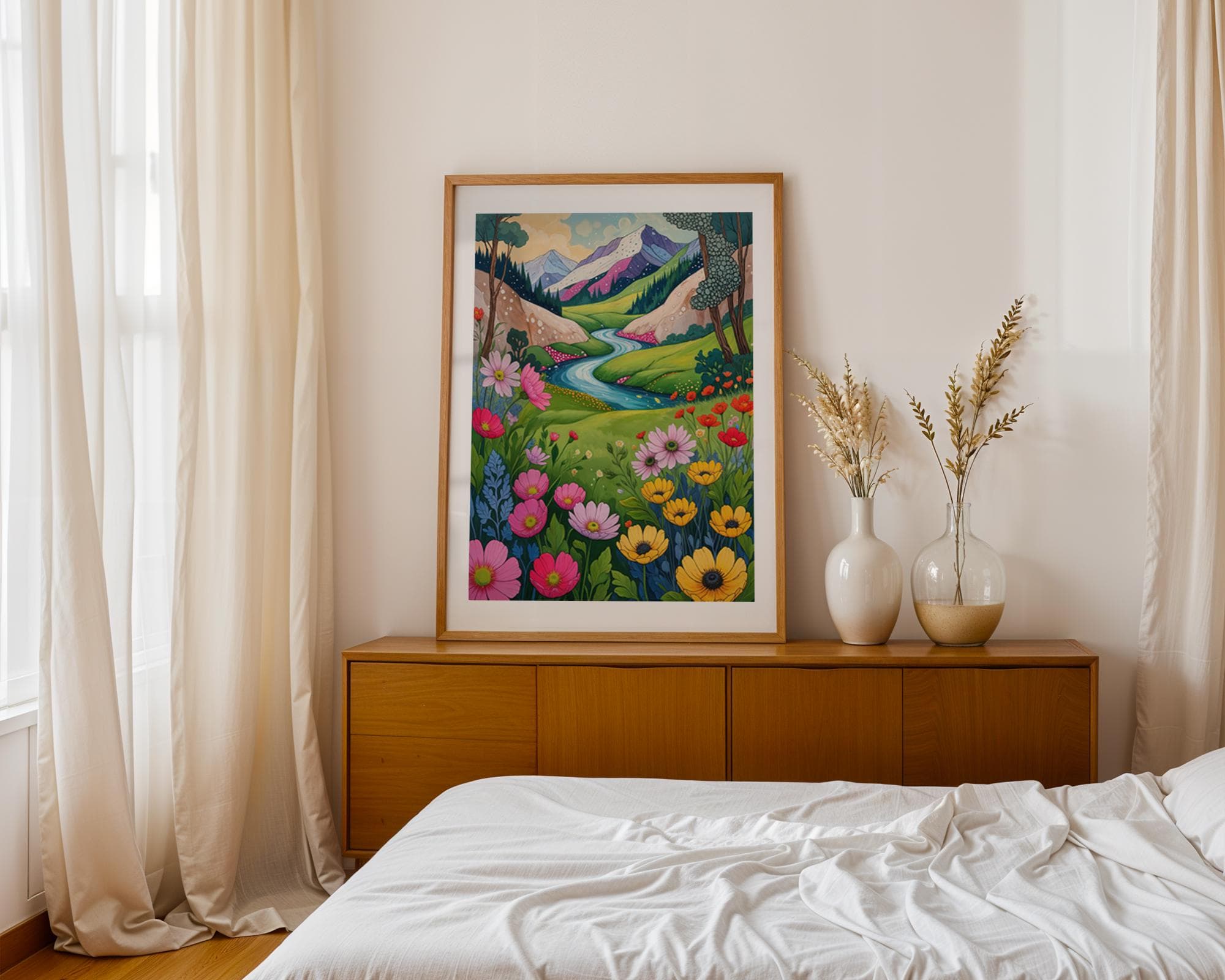 Whimsical Alpine Meadow Print – Mountain River & Wildflower Landscape Illustration Poster | Instant printable