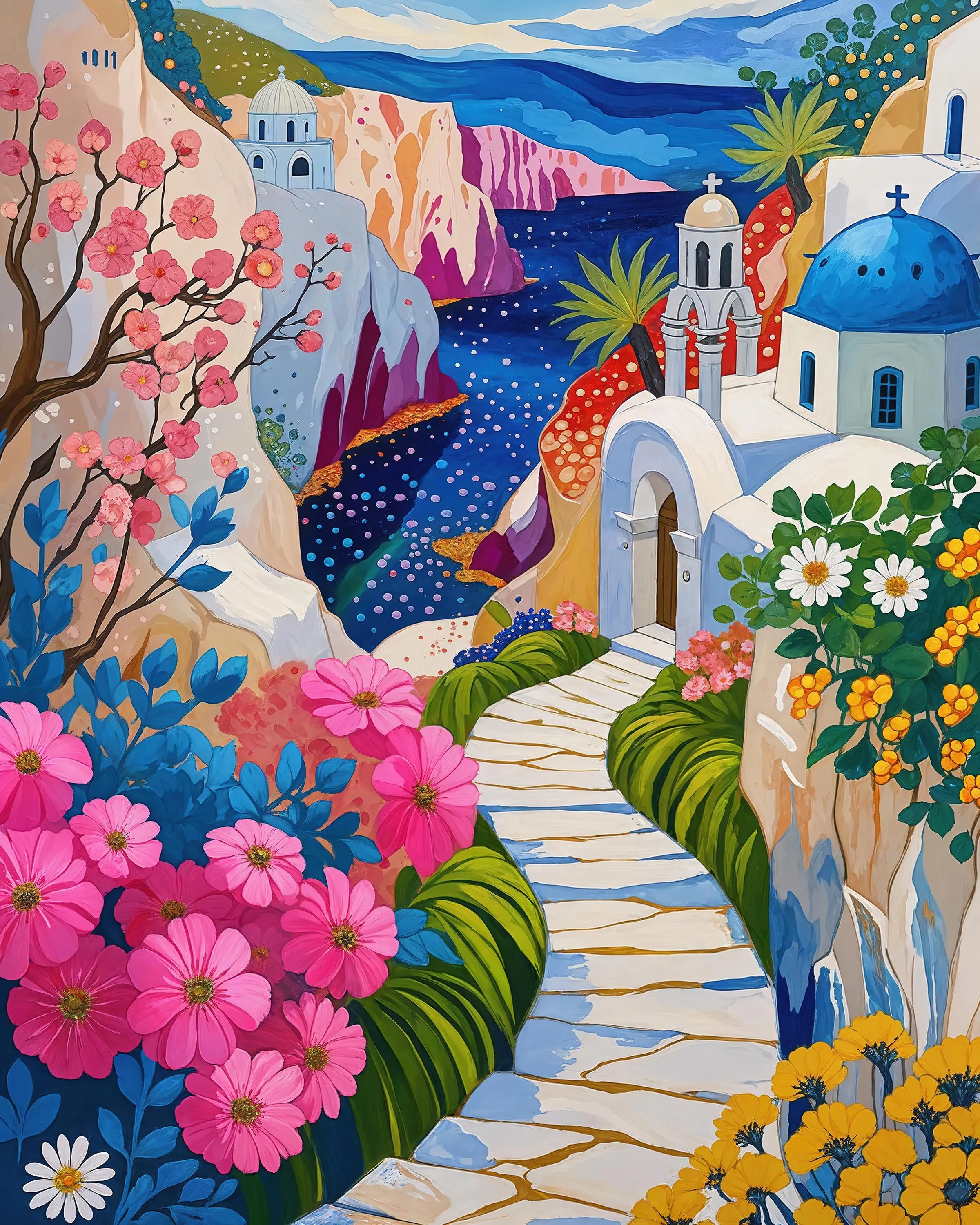Greek Island Print – Whimsical Floral Seascape Illustration of Santorini Style | Instant download and print