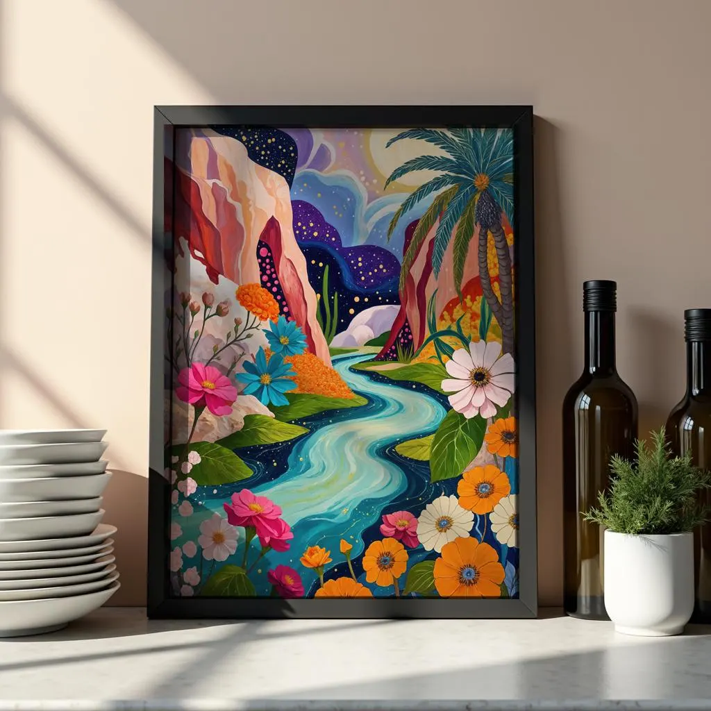 Whimsical Moroccan Oasis Print – Desert River & Palm Grove Floral Illustration Poster | Instant printable