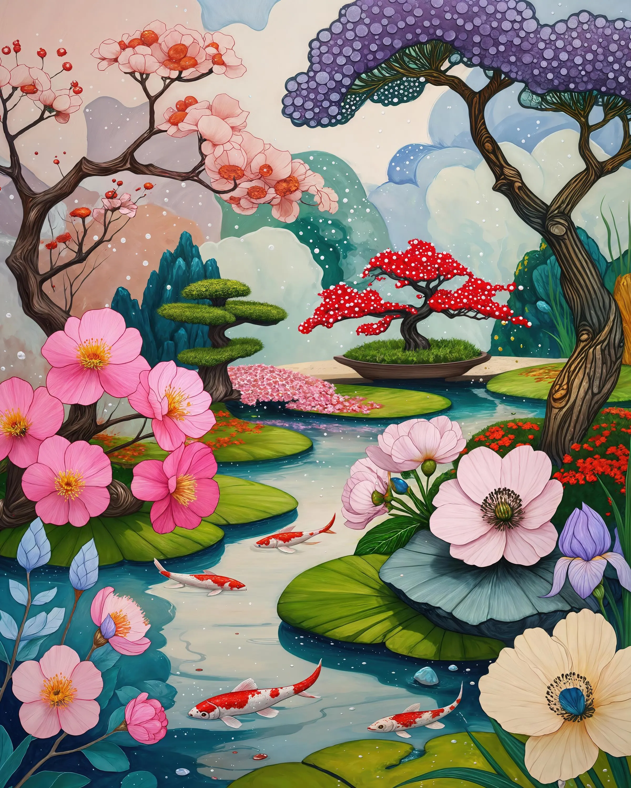 Japanese Garden Art Print – Whimsical Sakura and Koi Pond Illustration Poster | Instant printable