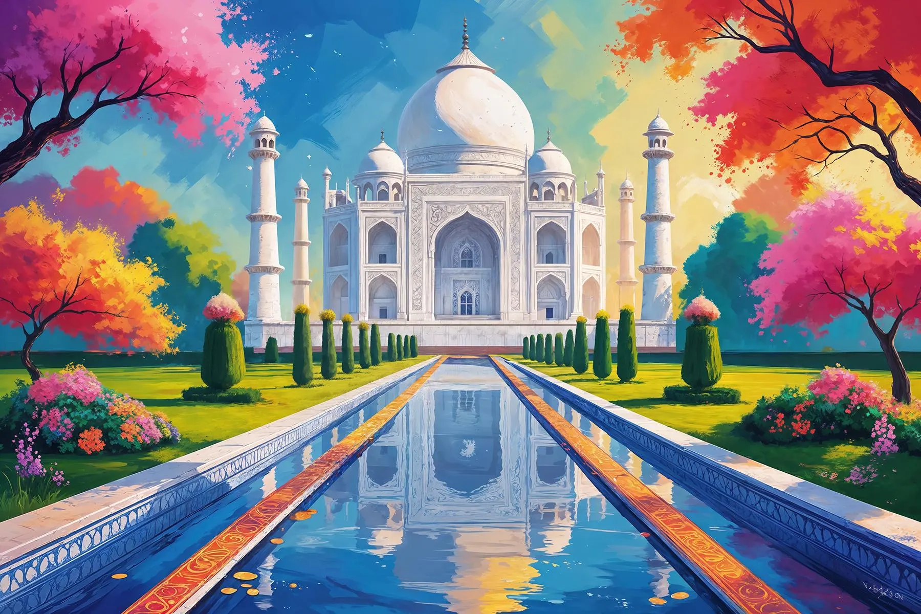Vibrant White Taj Mahal Garden Landscape Poster | Instant Digital Art Printable