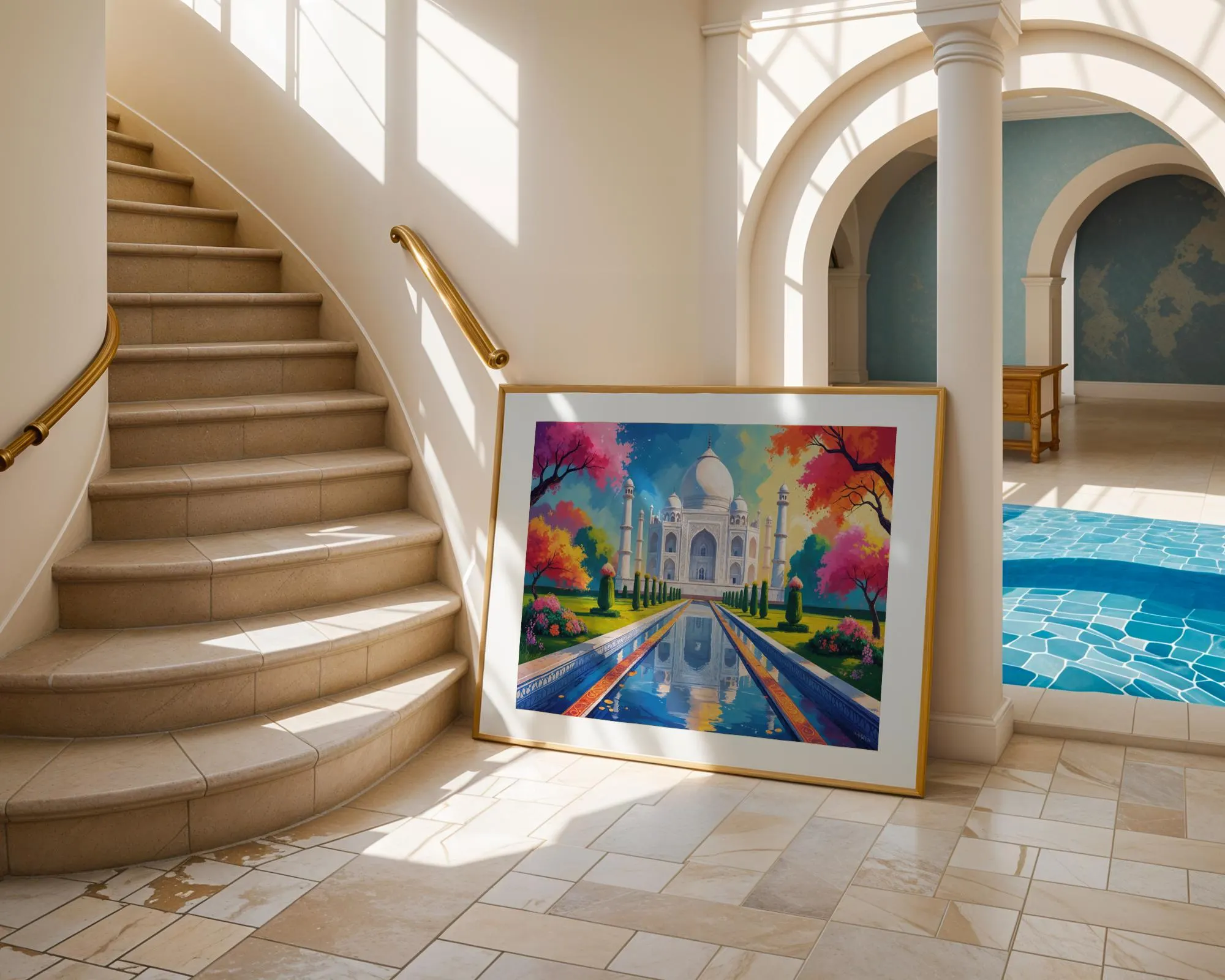 Vibrant White Taj Mahal Garden Landscape Poster