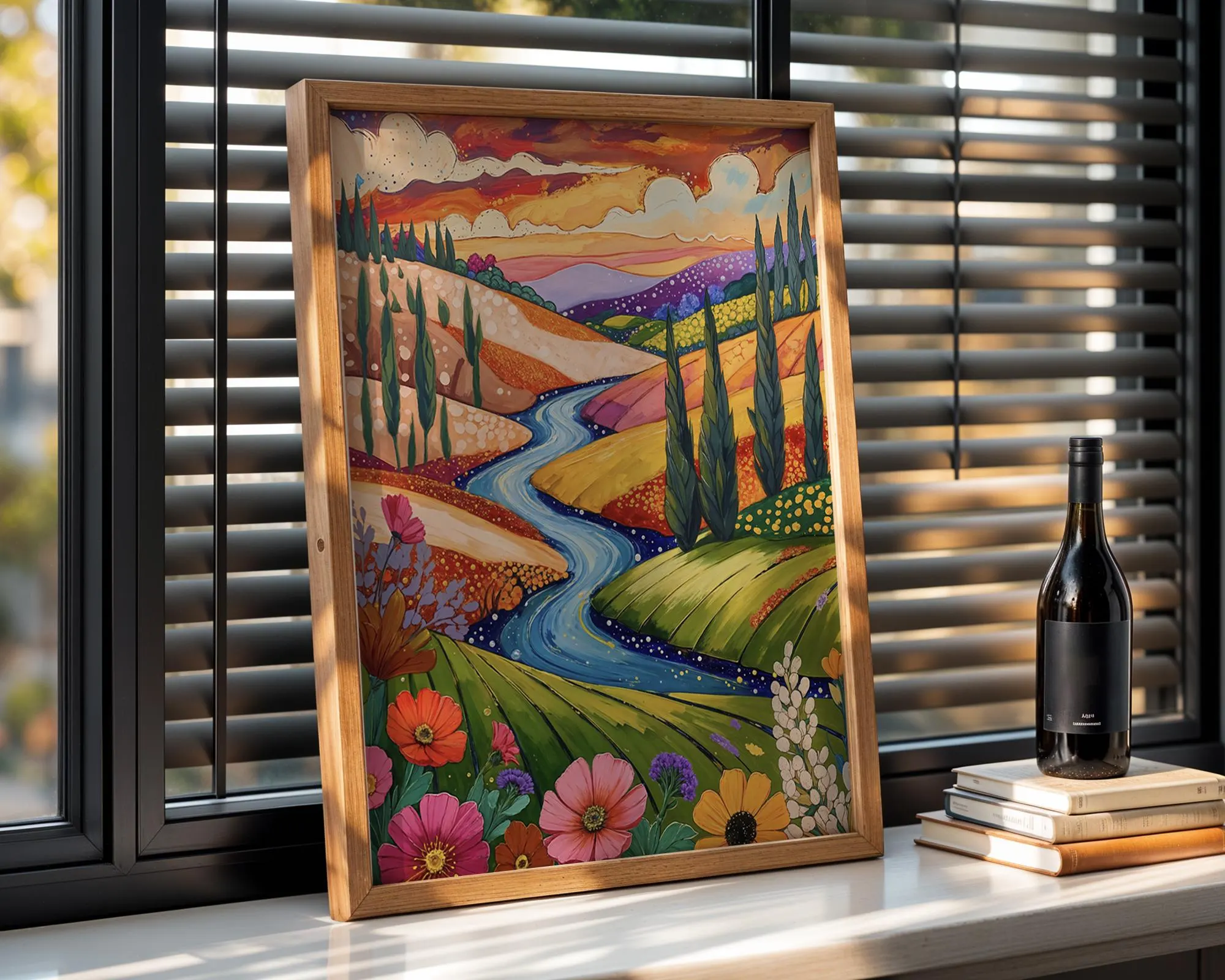 Tuscan Print – Whimsical Vineyard Hills & Floral River Art Illustration Poster | Instant printable
