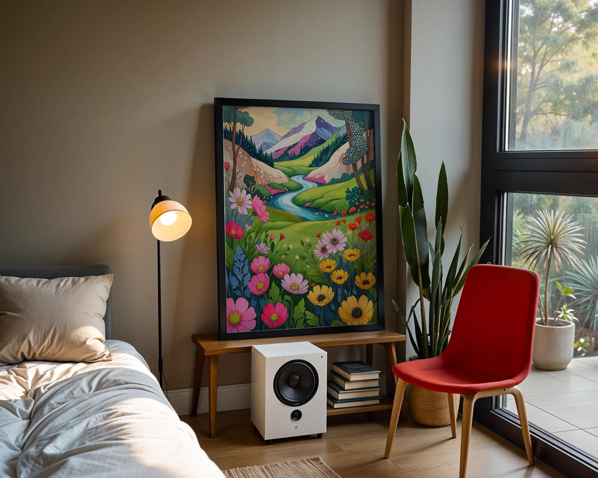 Whimsical Alpine Meadow Print – Mountain River & Wildflower Landscape Illustration Poster | Instant printable