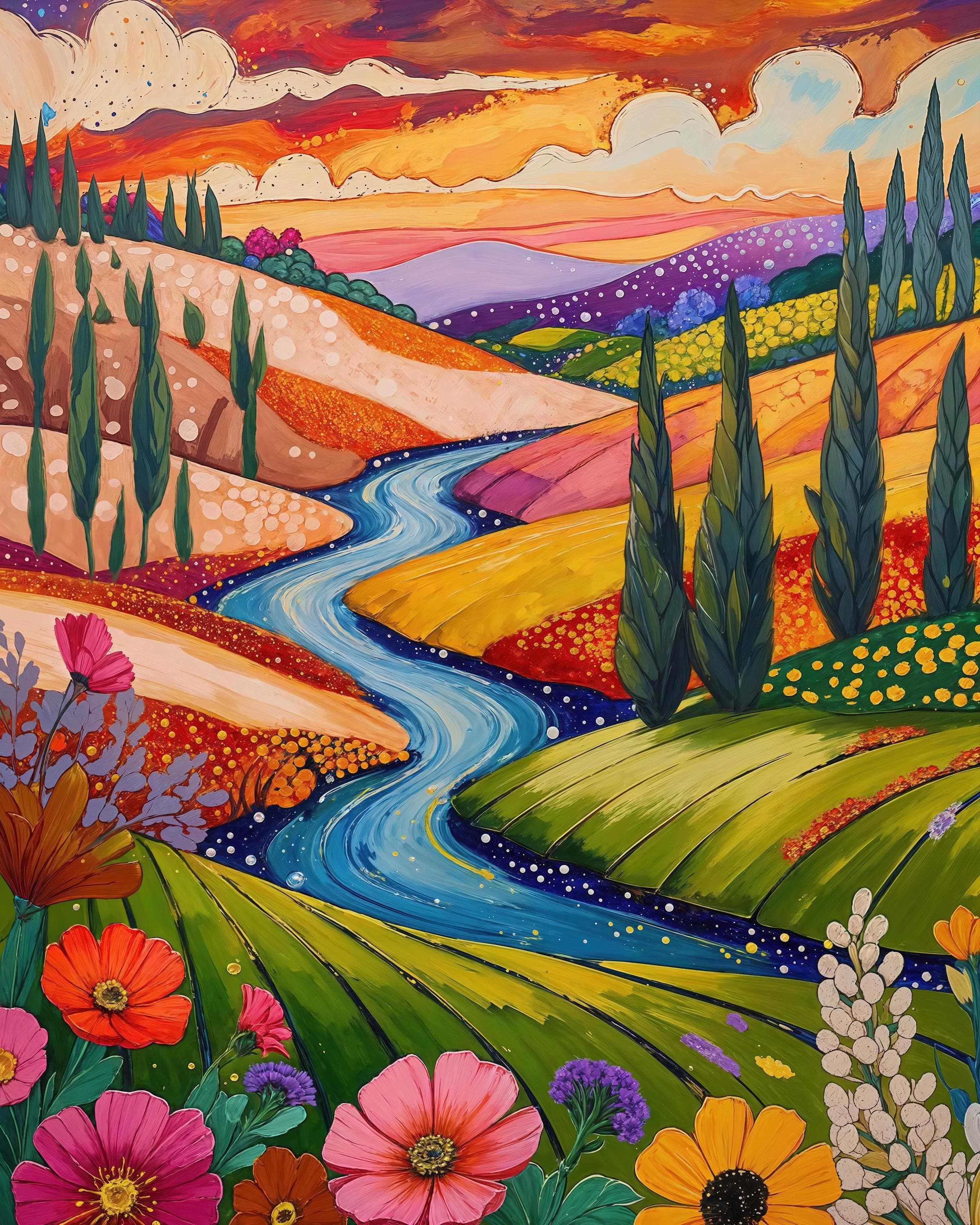 Tuscan Print – Whimsical Vineyard Hills & Floral River Art Illustration Poster | Instant printable
