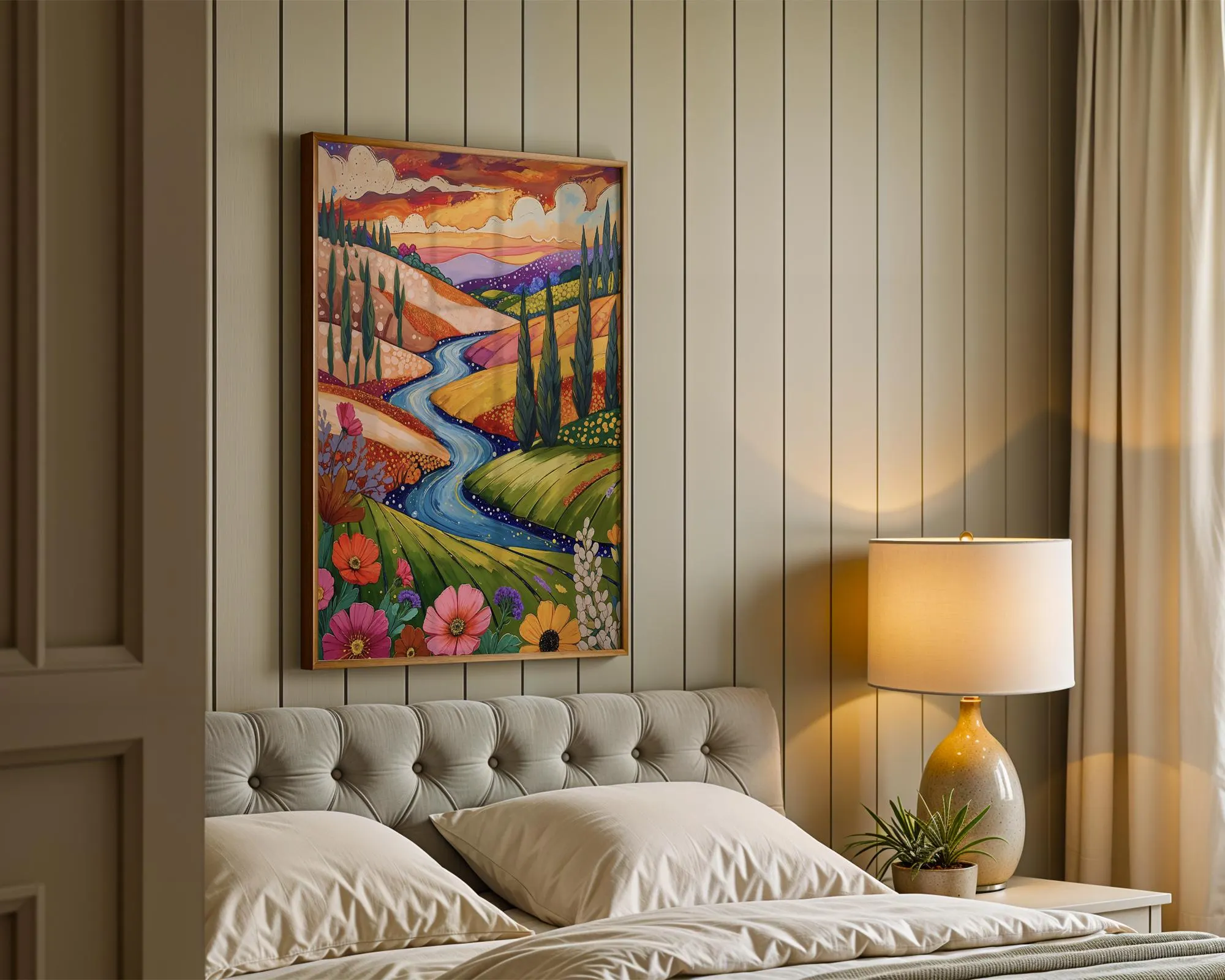 Tuscan Print – Whimsical Vineyard Hills & Floral River Art Illustration Poster | Instant printable