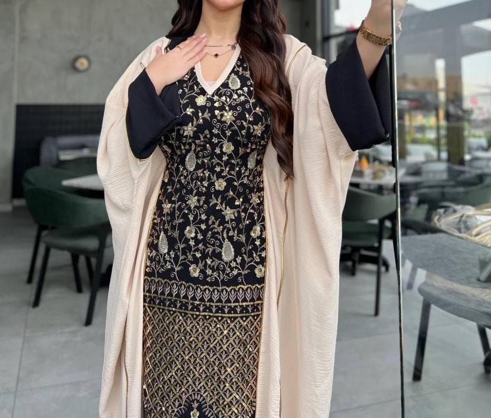 Embroidered Linen Kaftan Dress: Light Blue & Beige Maxi Abaya - image 5