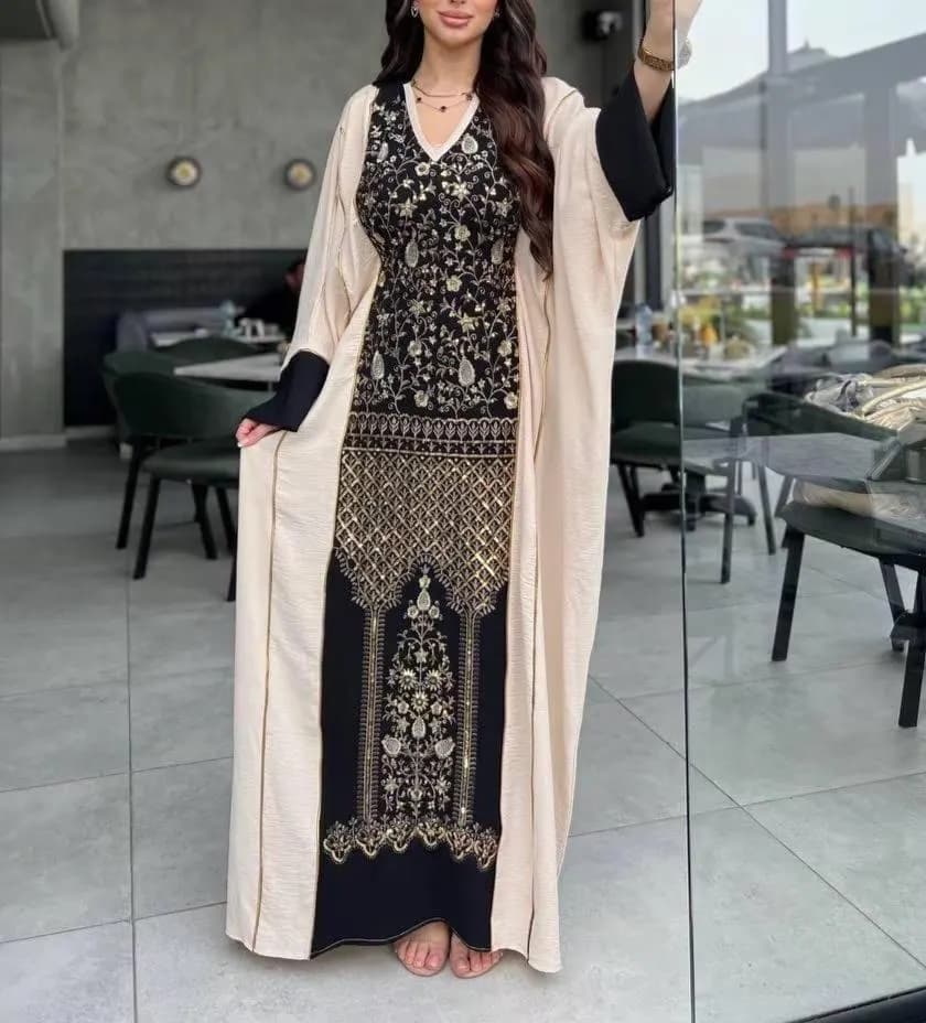 Embroidered Linen Kaftan Dress: Light Blue & Beige Maxi Abaya - image 4
