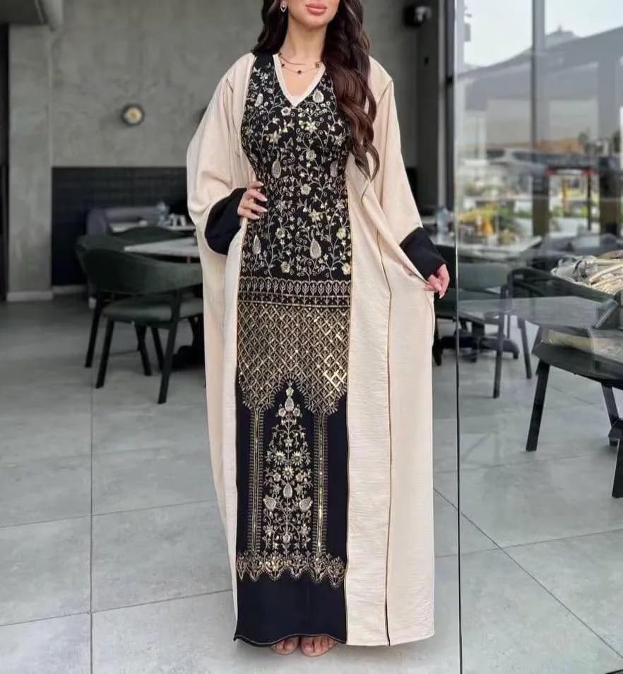 Embroidered Linen Kaftan Dress: Light Blue & Beige Maxi Abaya
