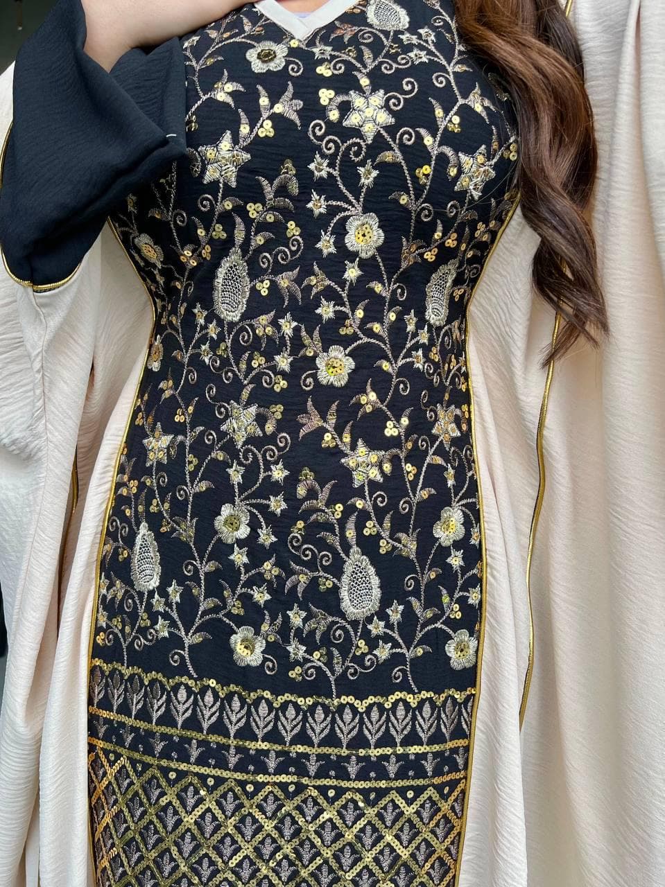 Embroidered Linen Kaftan Dress: Light Blue & Beige Maxi Abaya - image 3