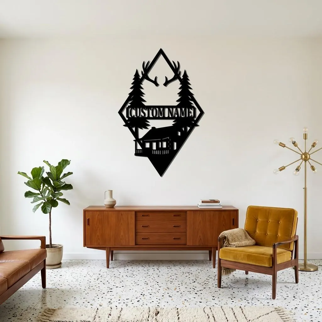 Personalized Mountain Cabin Metal Wall Art, Custom Name Forest Sign, Rustic Lodge Decor, Pine Tree Antler Wall Hanging, Nature Gift - image 5