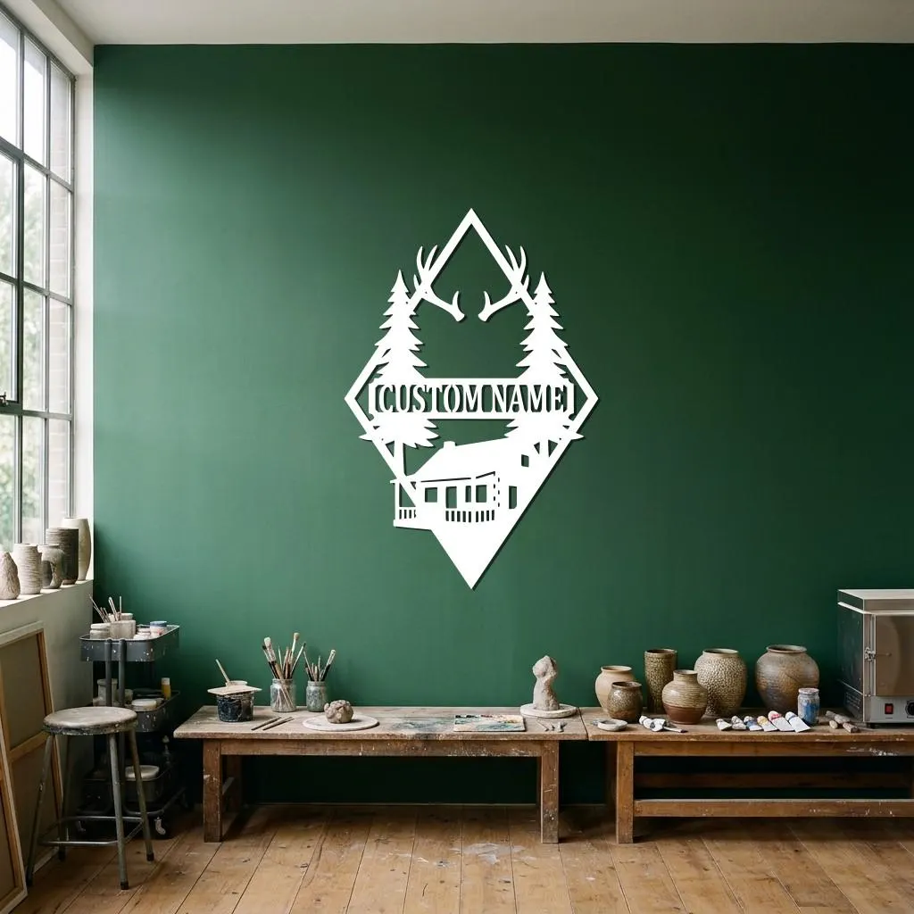 Personalized Mountain Cabin Metal Wall Art, Custom Name Forest Sign, Rustic Lodge Decor, Pine Tree Antler Wall Hanging, Nature Gift - image 3