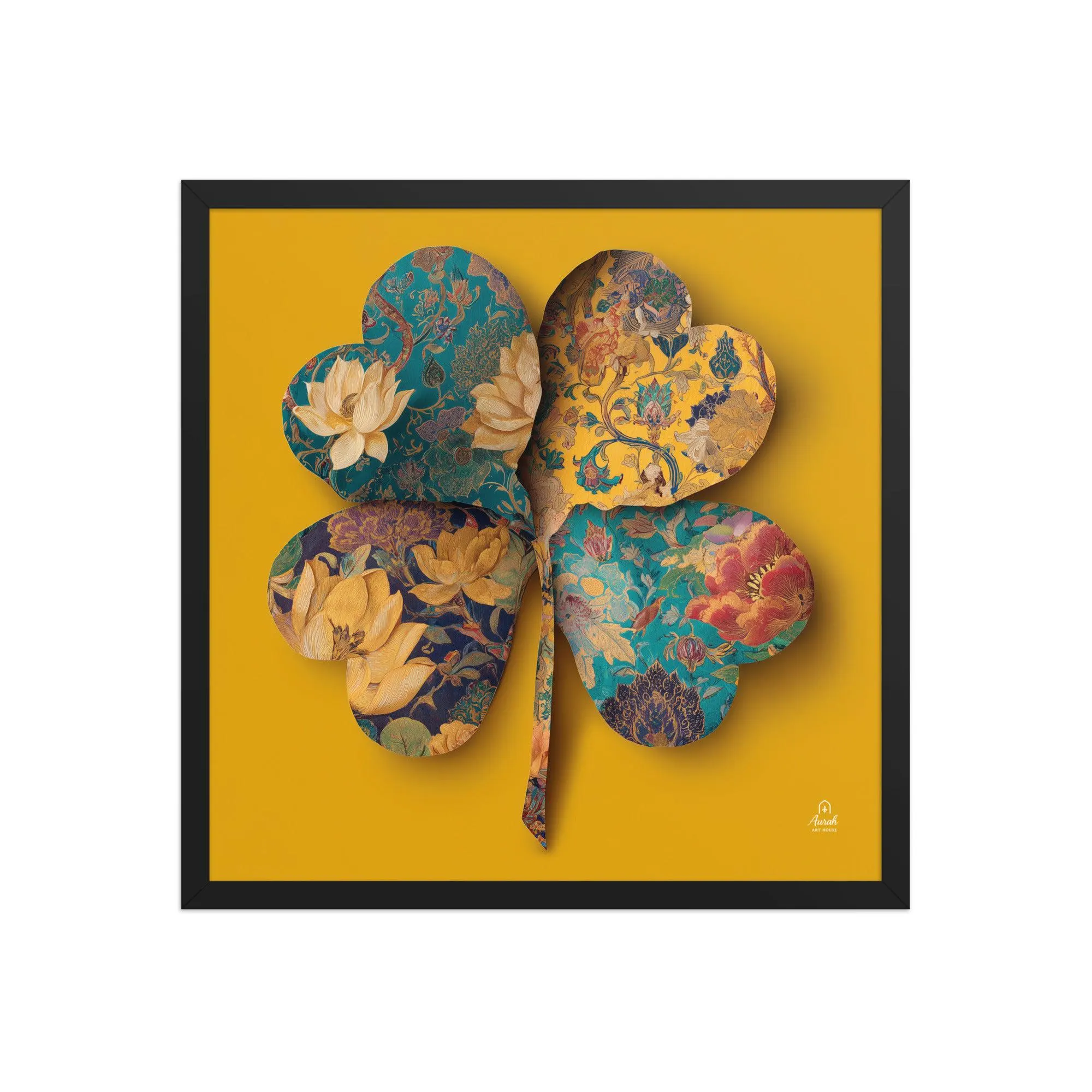 Mughal Floral Clover Wall Art, Saffron Indian Botanical Print, Teal Lotus Framed Decor - image 4