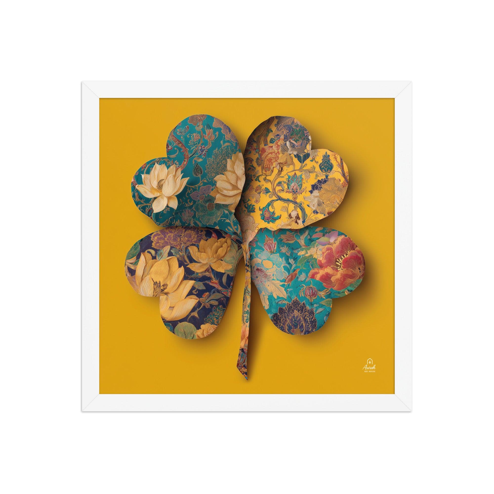 Mughal Floral Clover Wall Art, Saffron Indian Botanical Print, Teal Lotus Framed Decor - image 3
