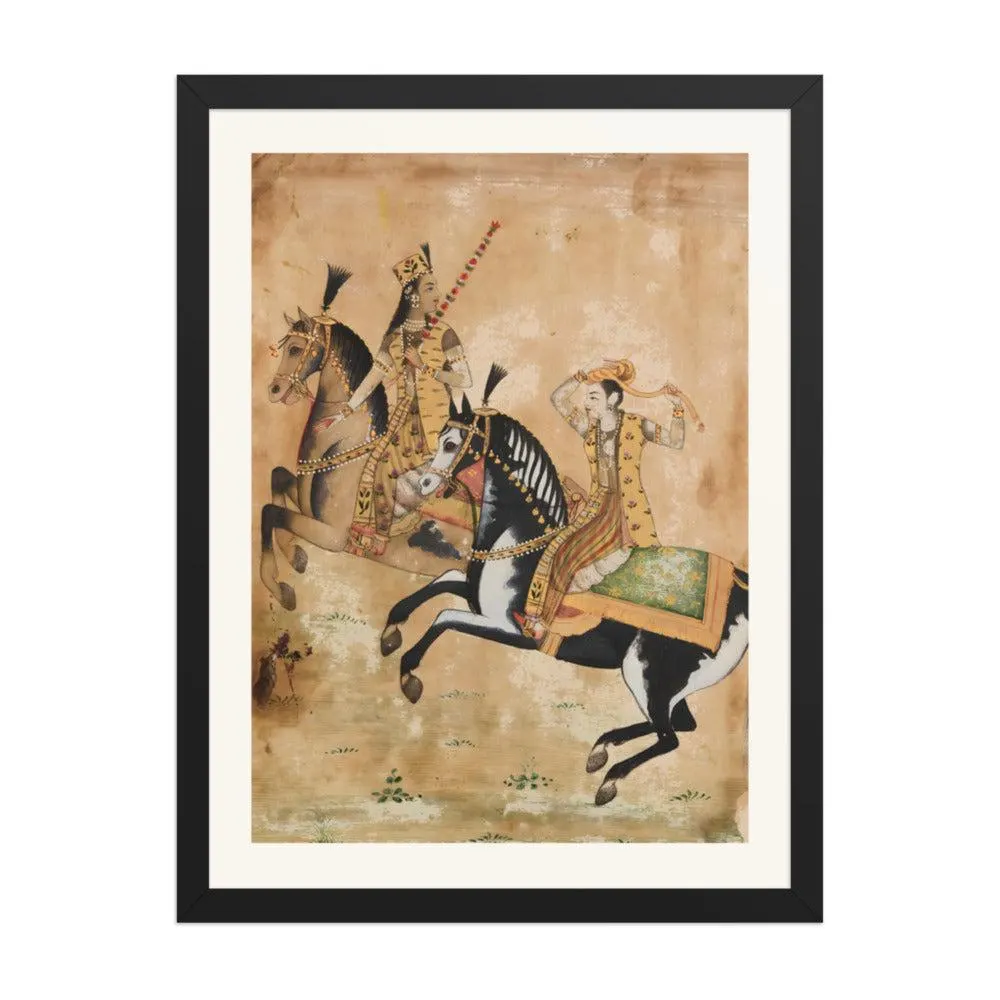 Mughal Romance Prince Princess Riding Painting, Indian Miniature Canvas Print