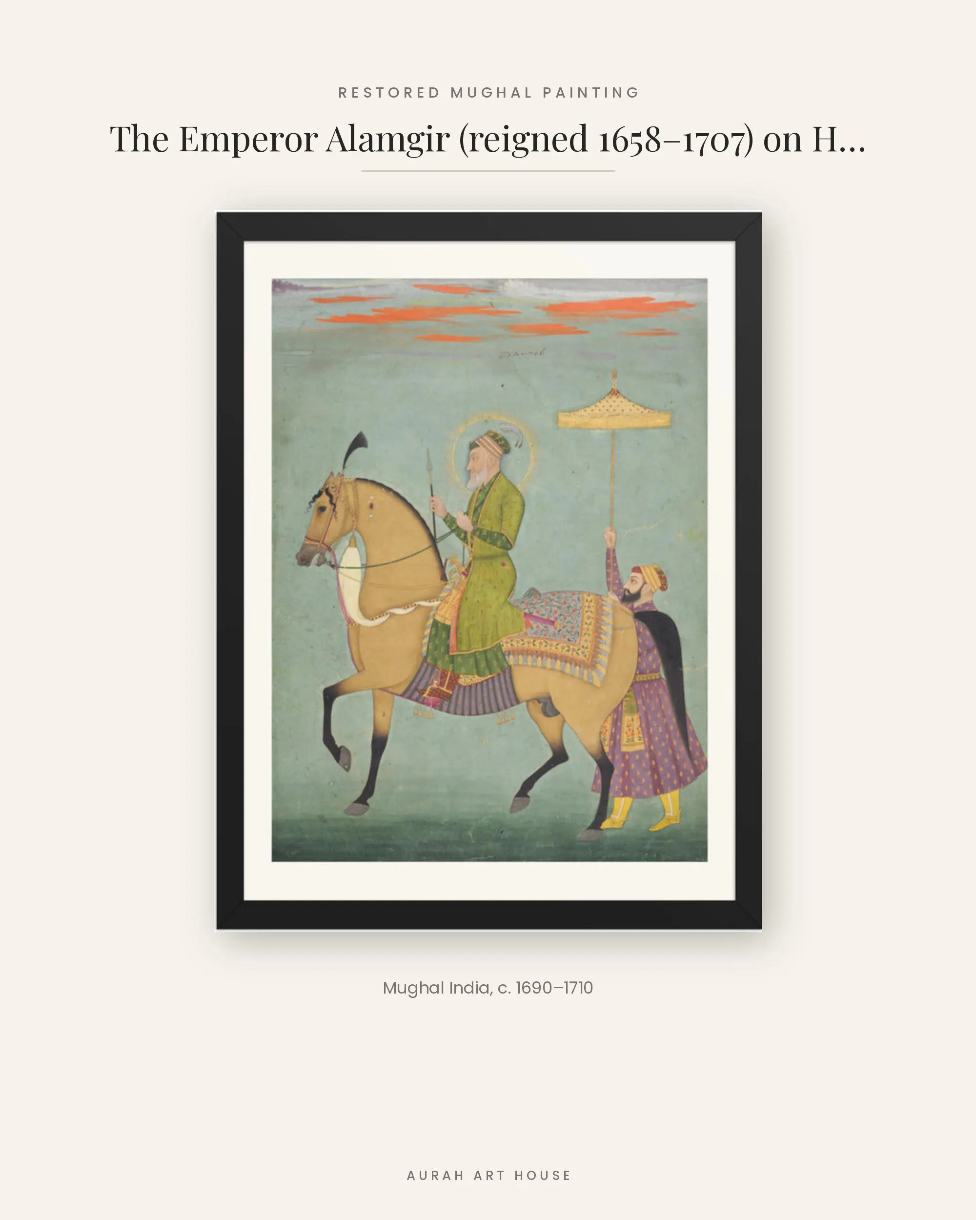 Aurangzeb on Horseback, Mughal Emperor Equestrian Portrait, Indian Miniature Wall Art, Mughal Empire Art, Framed Indian Print